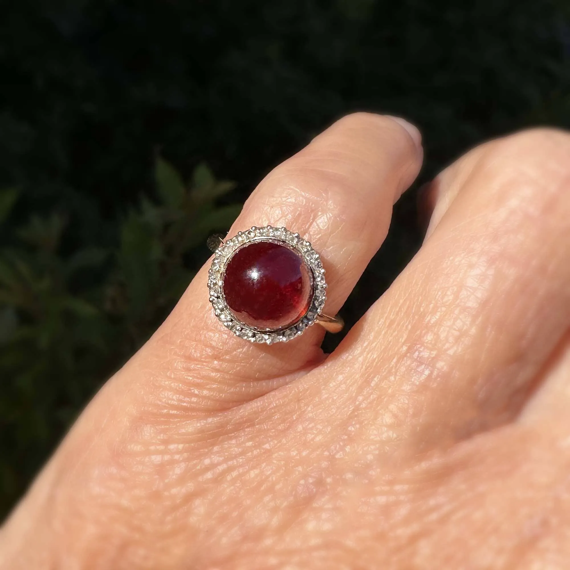 Antique Rose Cut Diamond Halo Garnet Cabochon Ring