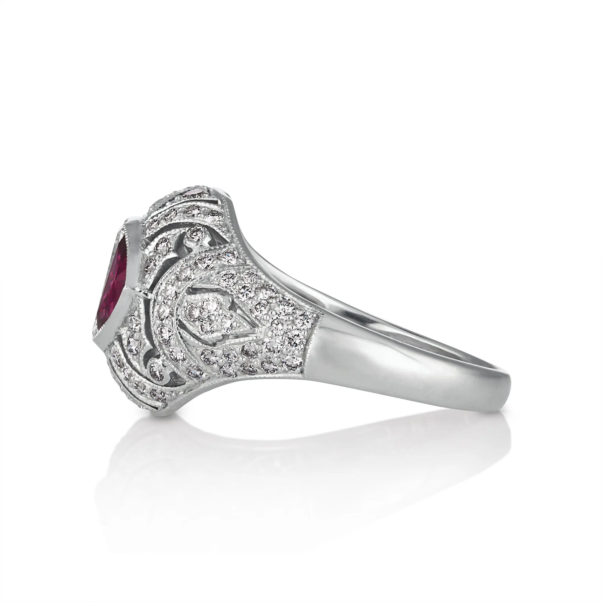 Art Deco ctw GIA I-VS1 Carre Emerald Cut Diamond and Ruby Platinum Ring