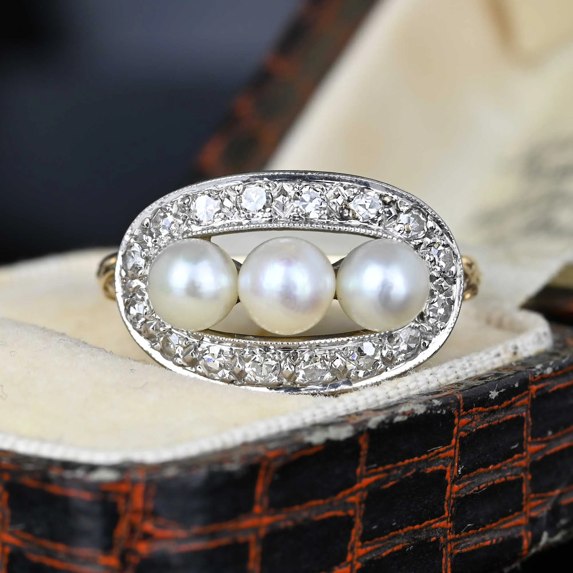 Art Deco Diamond Halo Three Stone Akoya Pearl Ring