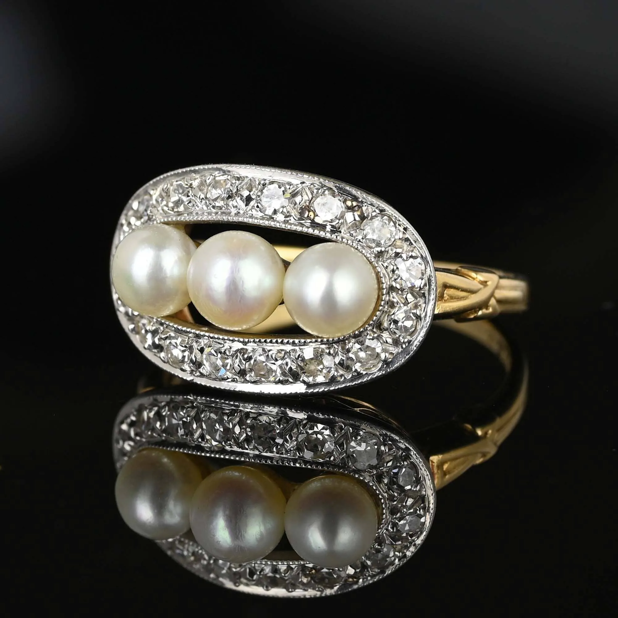 Art Deco Diamond Halo Three Stone Akoya Pearl Ring