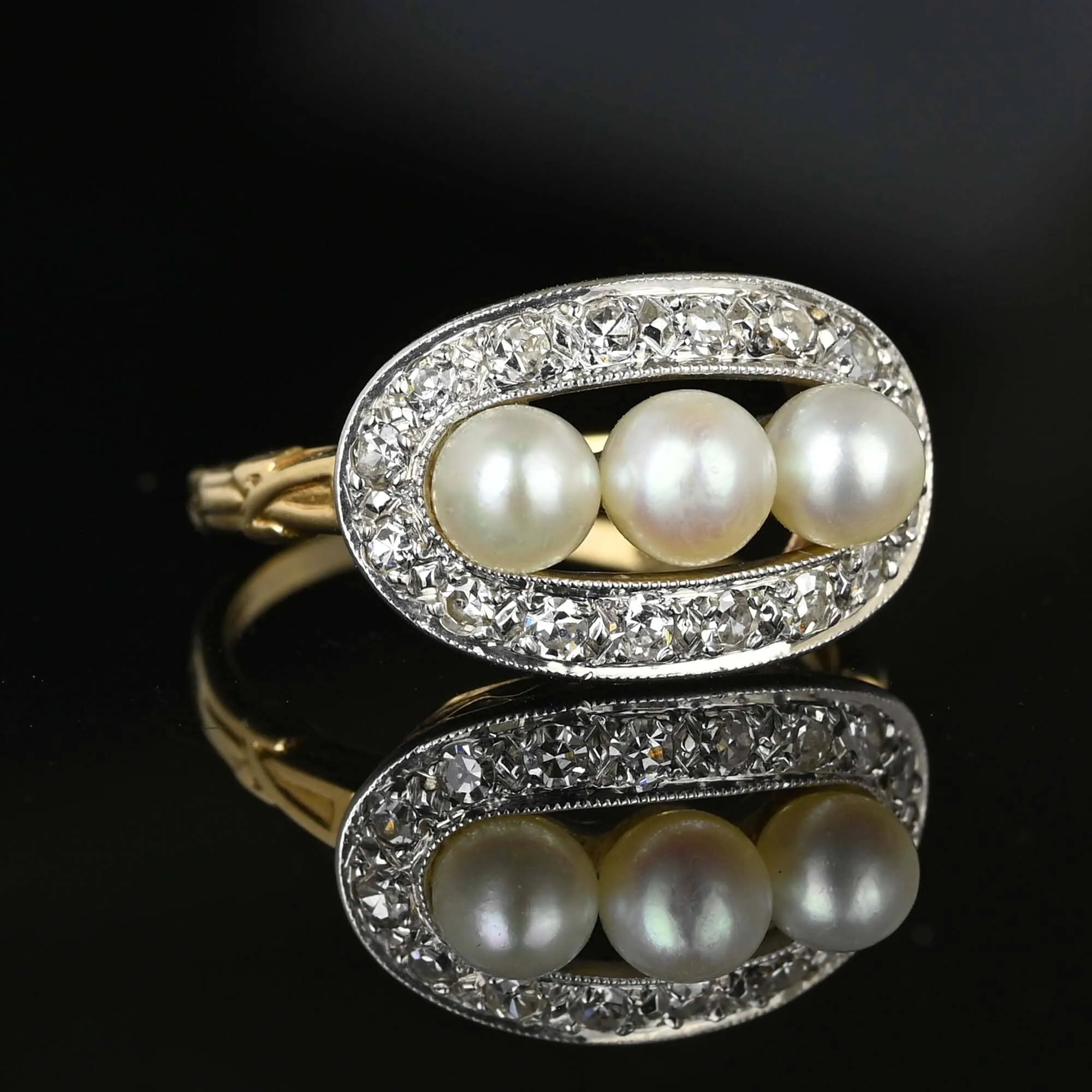 Art Deco Diamond Halo Three Stone Akoya Pearl Ring