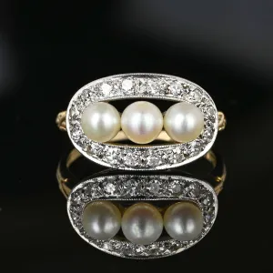 Art Deco Diamond Halo Three Stone Akoya Pearl Ring