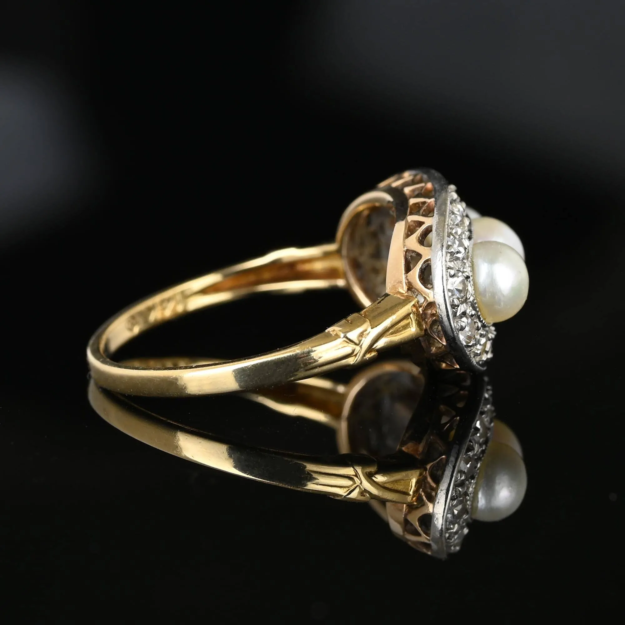 Art Deco Diamond Halo Three Stone Akoya Pearl Ring