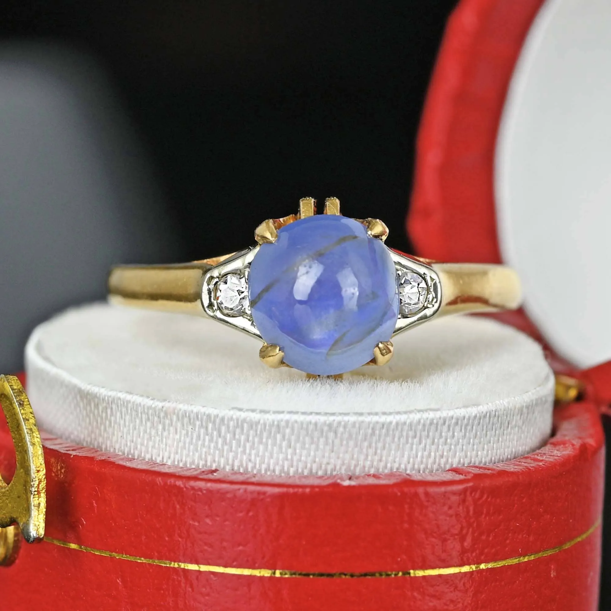 Art Deco Mine Cut Diamond Star Sapphire Ring in Gold