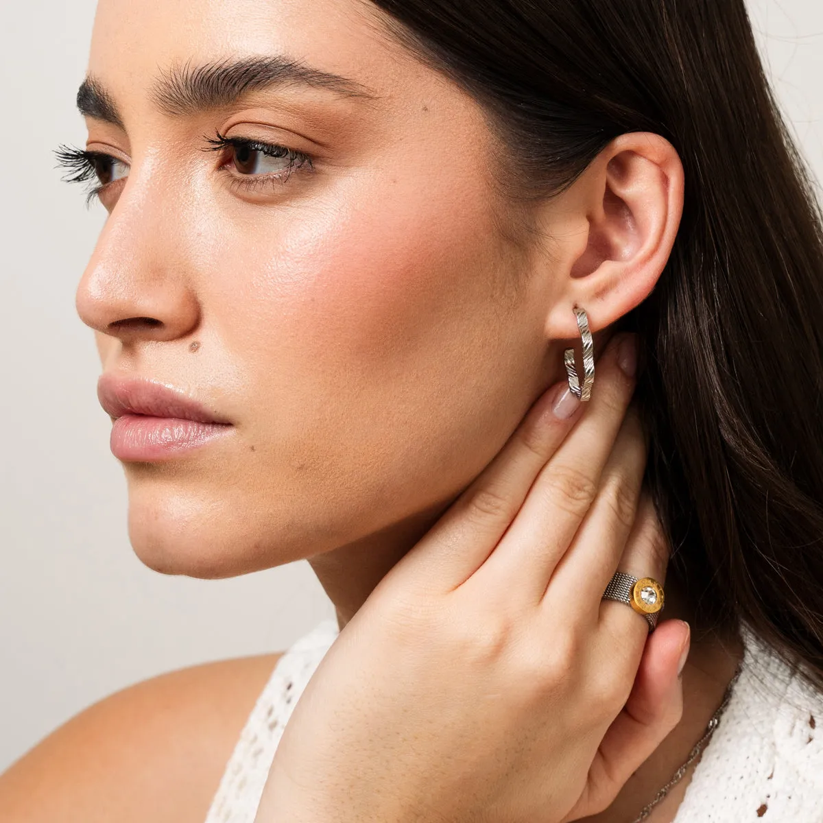 Asymmetrical Textured Hoop Earrings - Silver