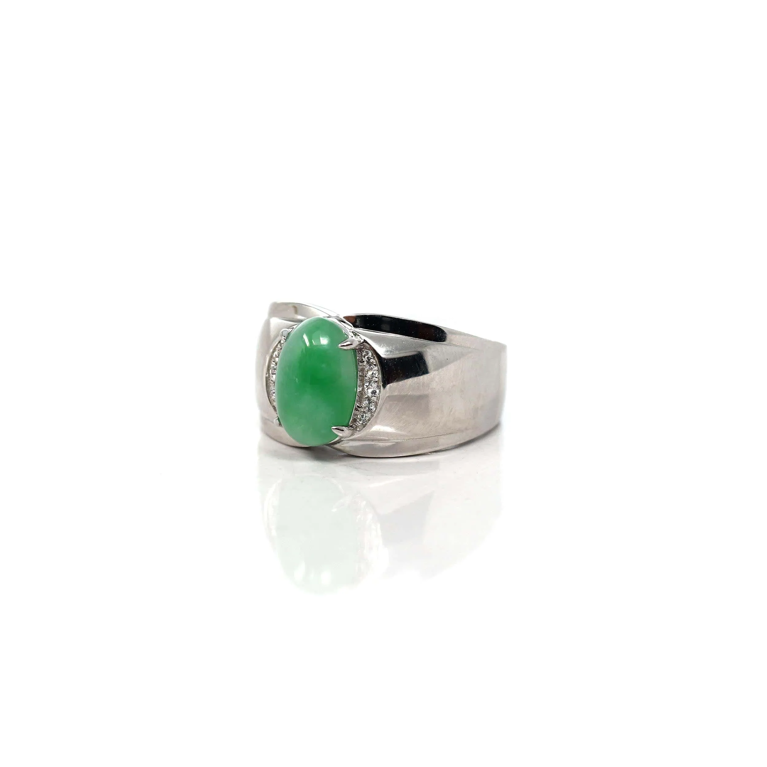 Baikalla™ Sterling Silver Genuine Green Jadeite Jade Men's Ring with White Sapphire