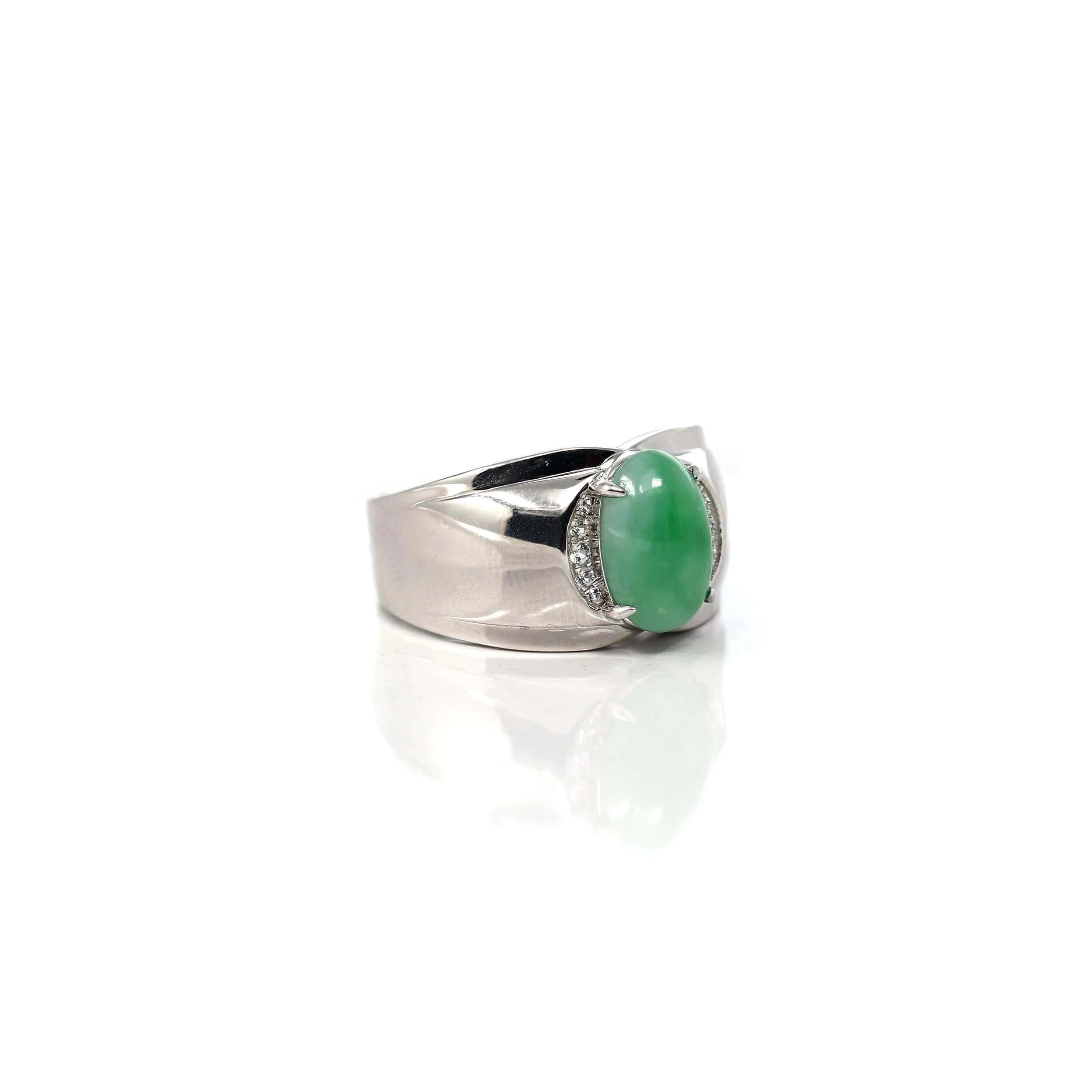 Baikalla™ Sterling Silver Genuine Green Jadeite Jade Men's Ring with White Sapphire