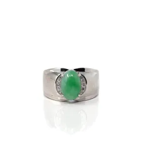 Baikalla™ Sterling Silver Genuine Green Jadeite Jade Men's Ring with White Sapphire