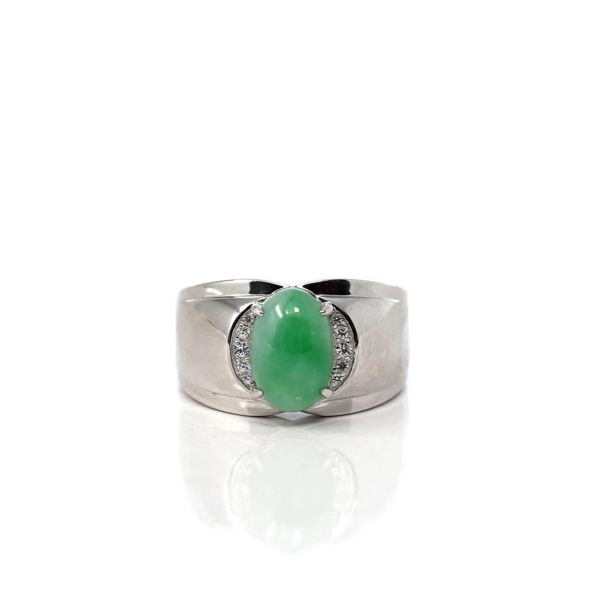 Baikalla™ Sterling Silver Genuine Green Jadeite Jade Men's Ring with White Sapphire