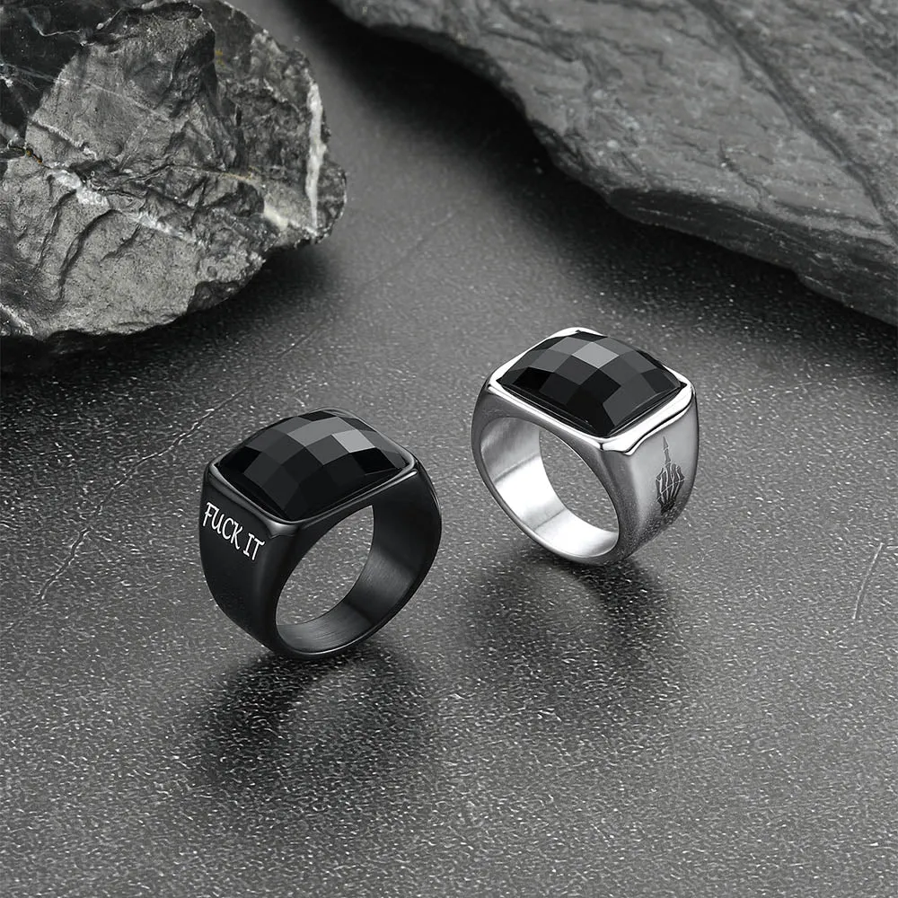 Black Onyx Engraved Signet Ring for Men