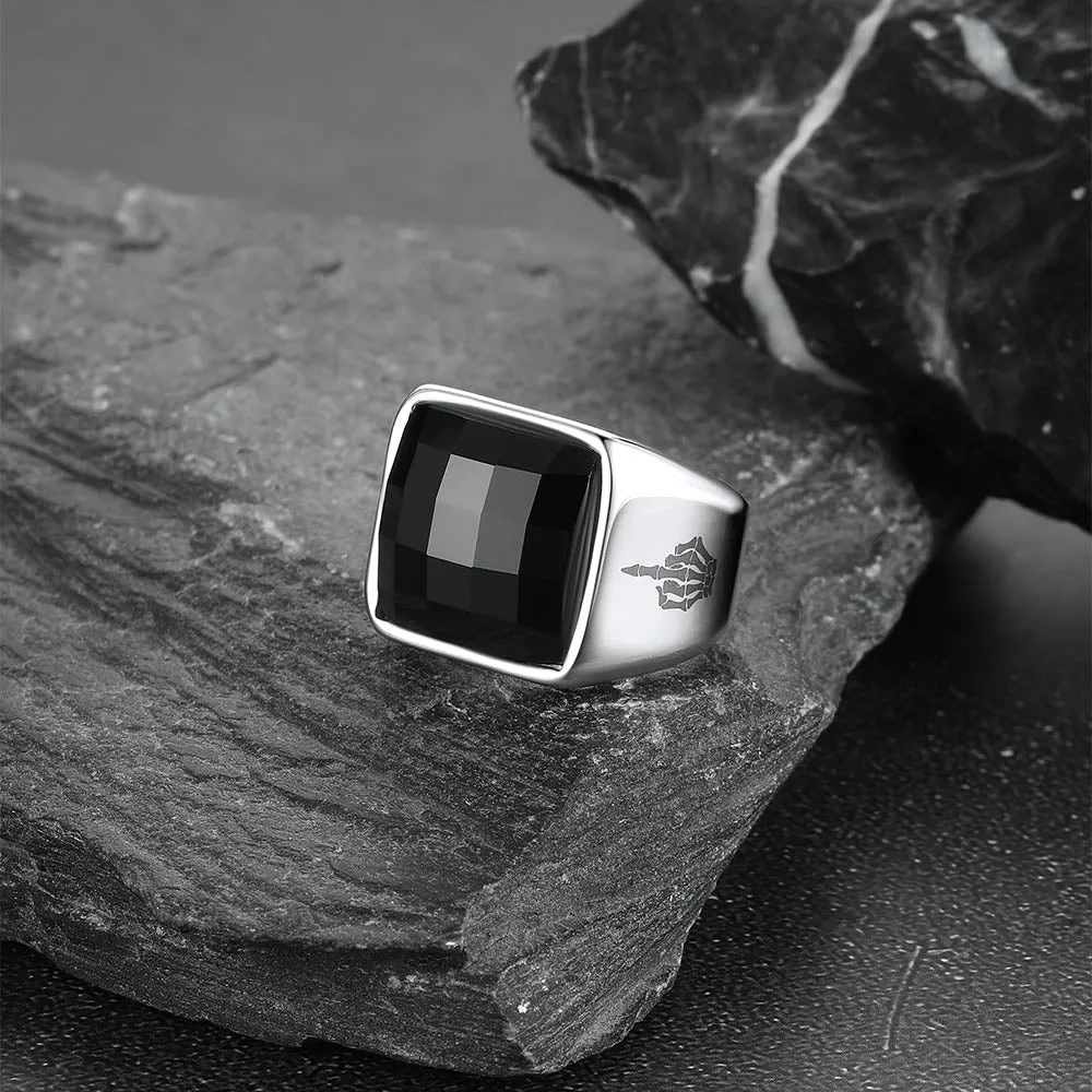 Black Onyx Engraved Signet Ring for Men