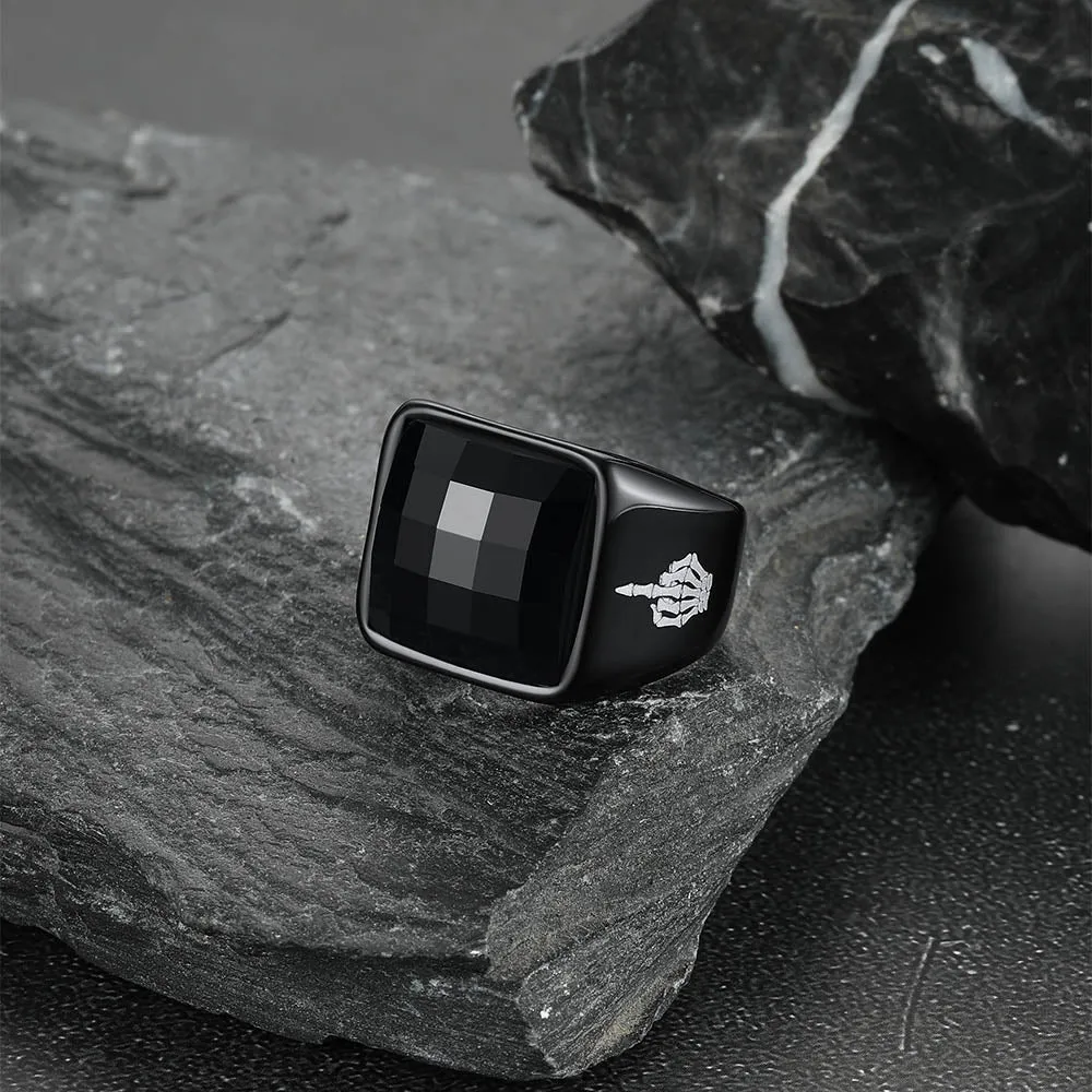 Black Onyx Engraved Signet Ring for Men