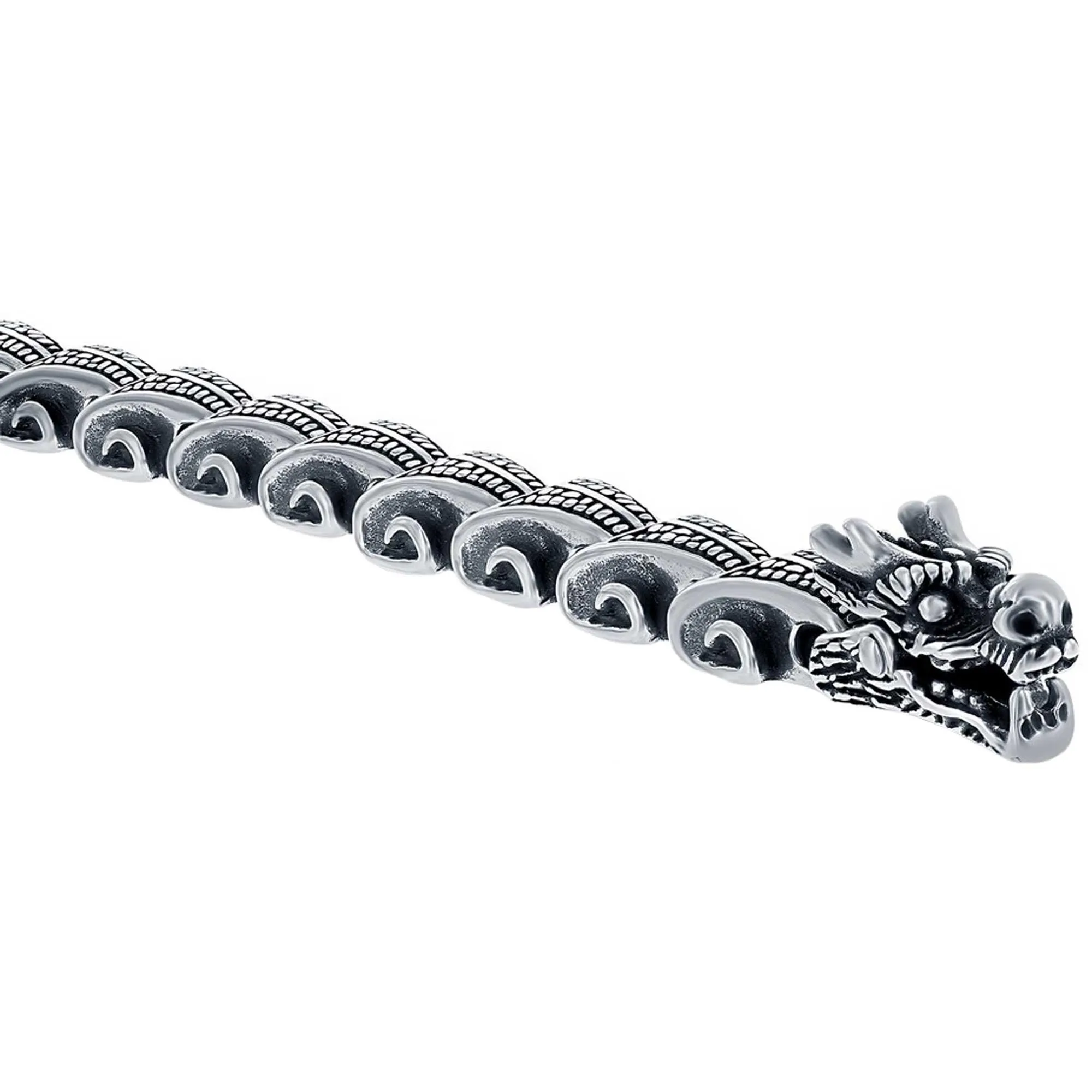 Blackjack Men's Bracelet - Silver Stainless Steel Oxidized Dragon Design | ST-1618