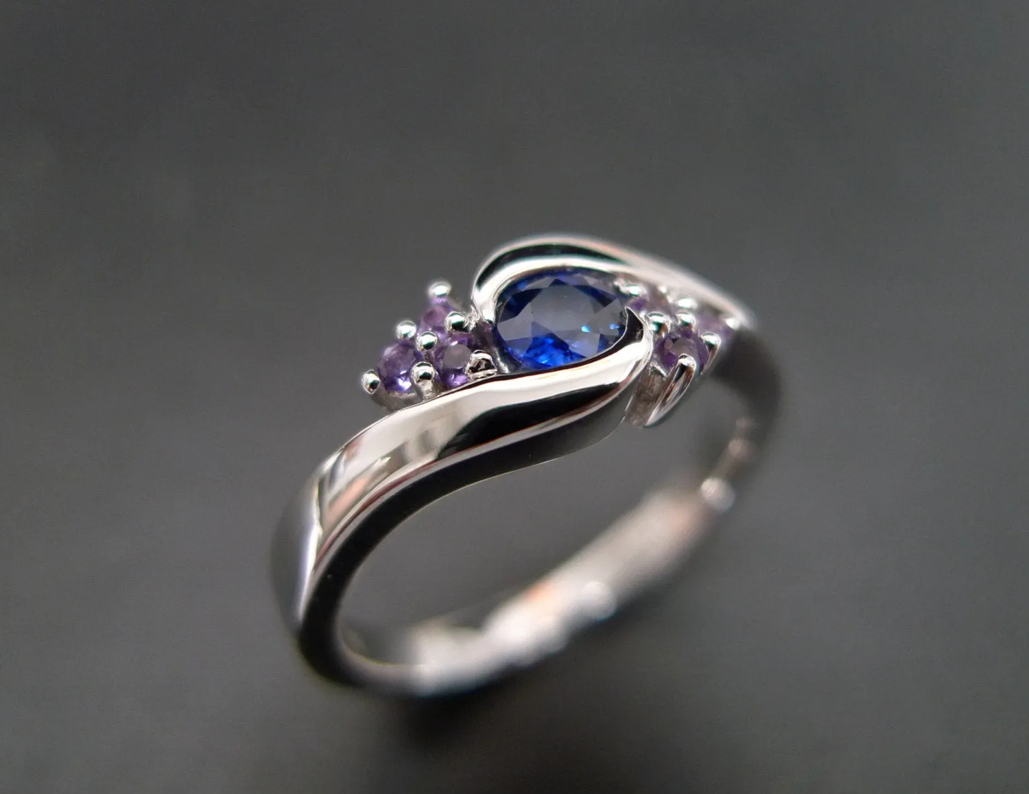 Blue Sapphire and Amethyst Ring in White Gold