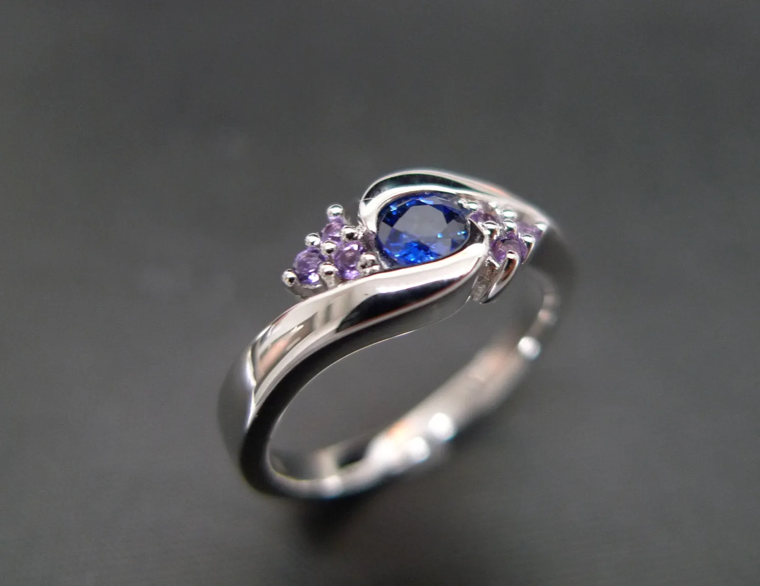 Blue Sapphire and Amethyst Ring in White Gold