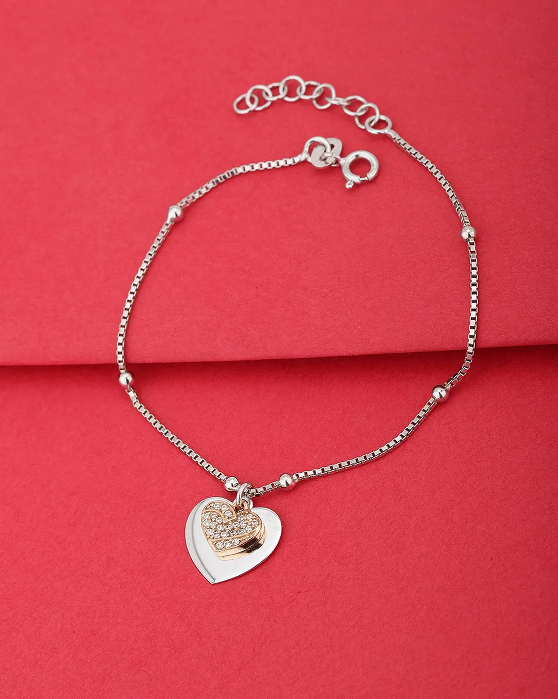 Carlton London Cz-Studded Heart Rhodium Plated Bracelet