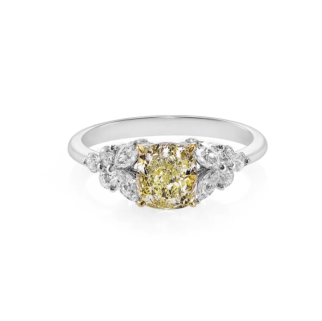 Certified Cushion Cut Light Yellow Diamond Ring in White Gold