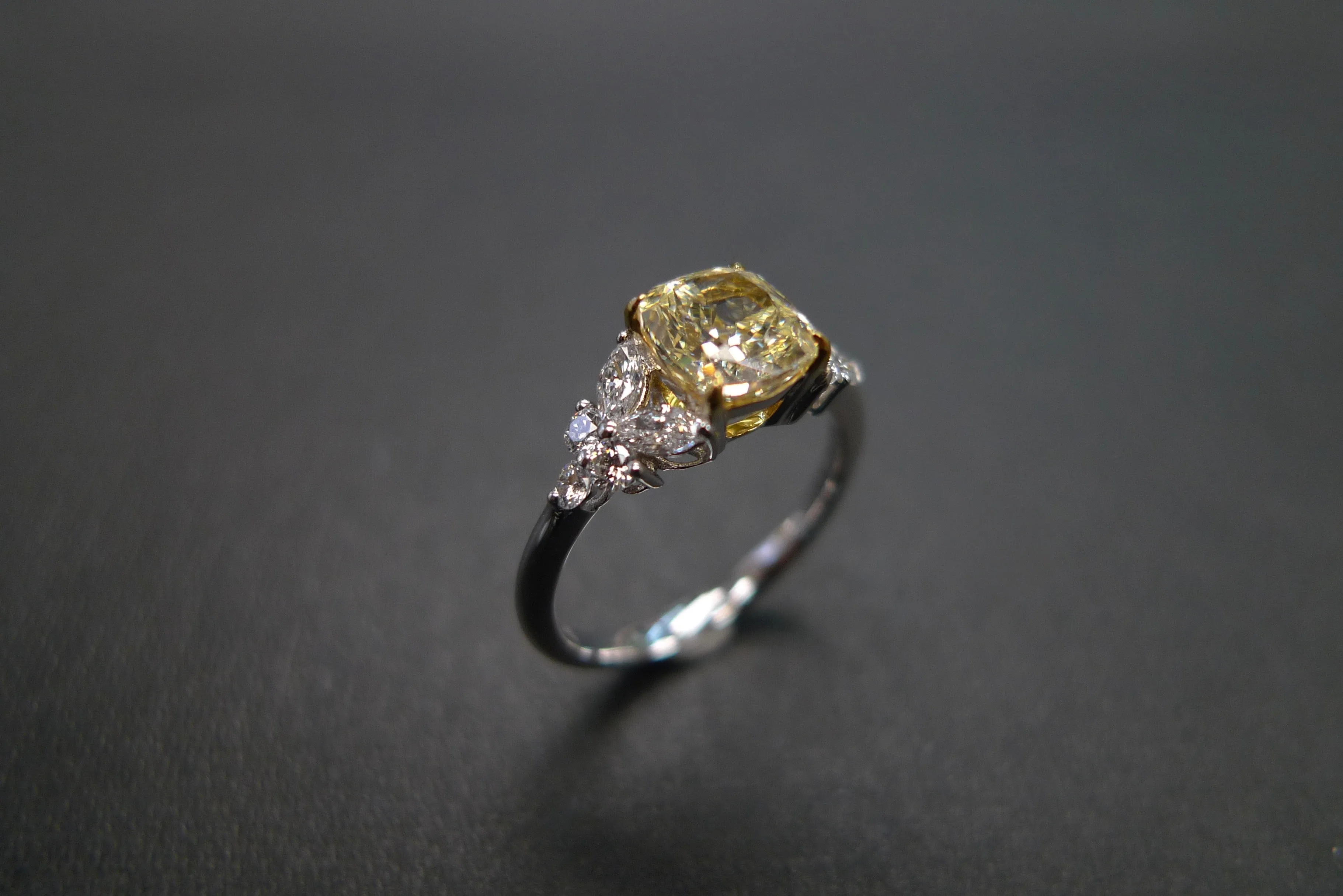 Certified Cushion Cut Light Yellow Diamond Ring in White Gold