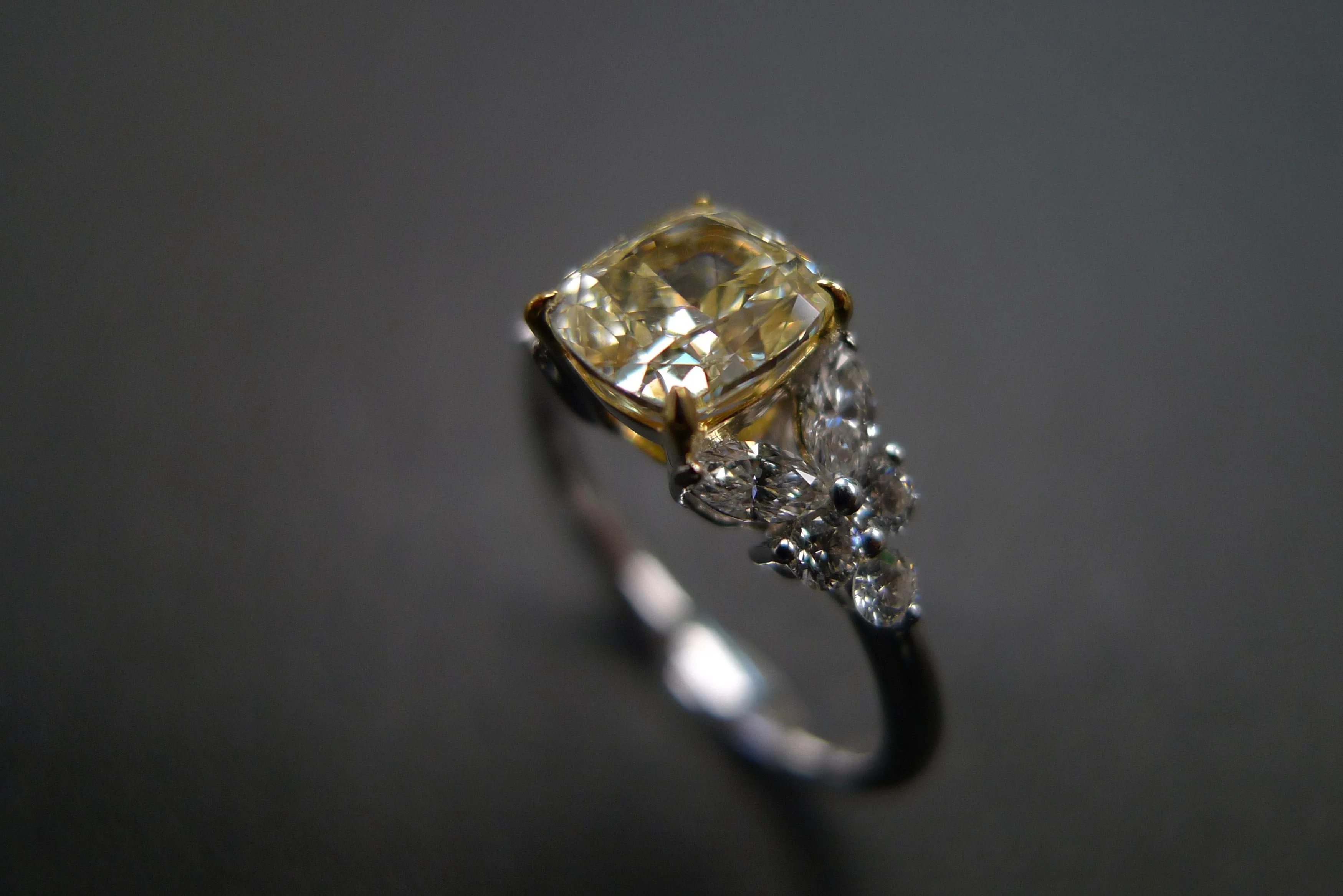 Certified Cushion Cut Light Yellow Diamond Ring in White Gold