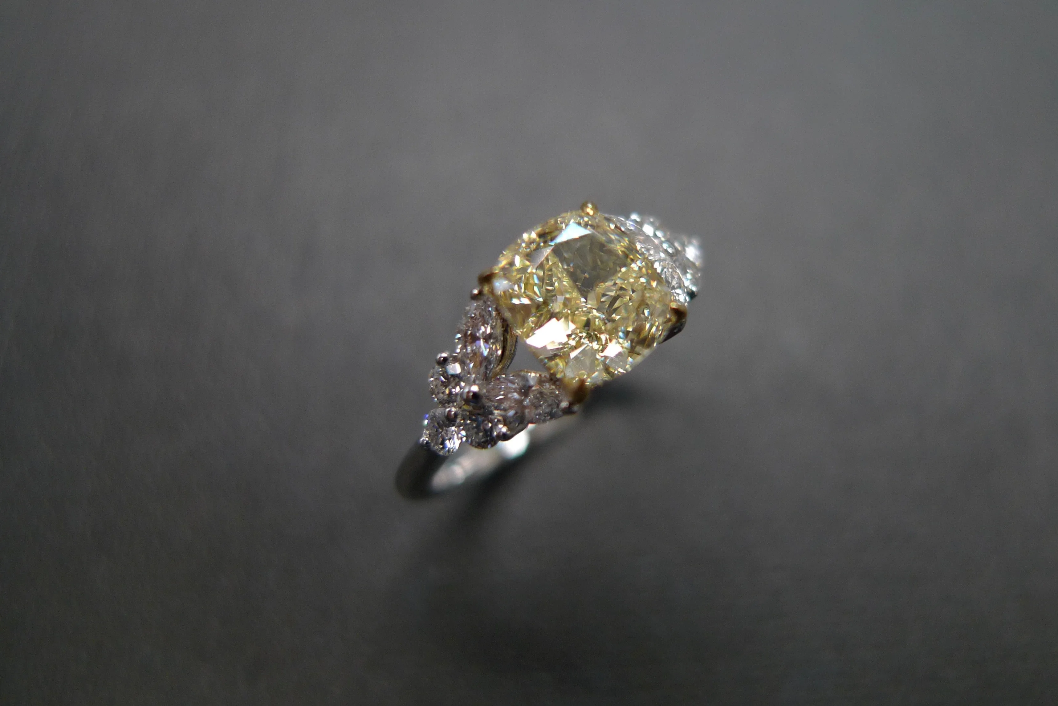 Certified Cushion Cut Light Yellow Diamond Ring in White Gold