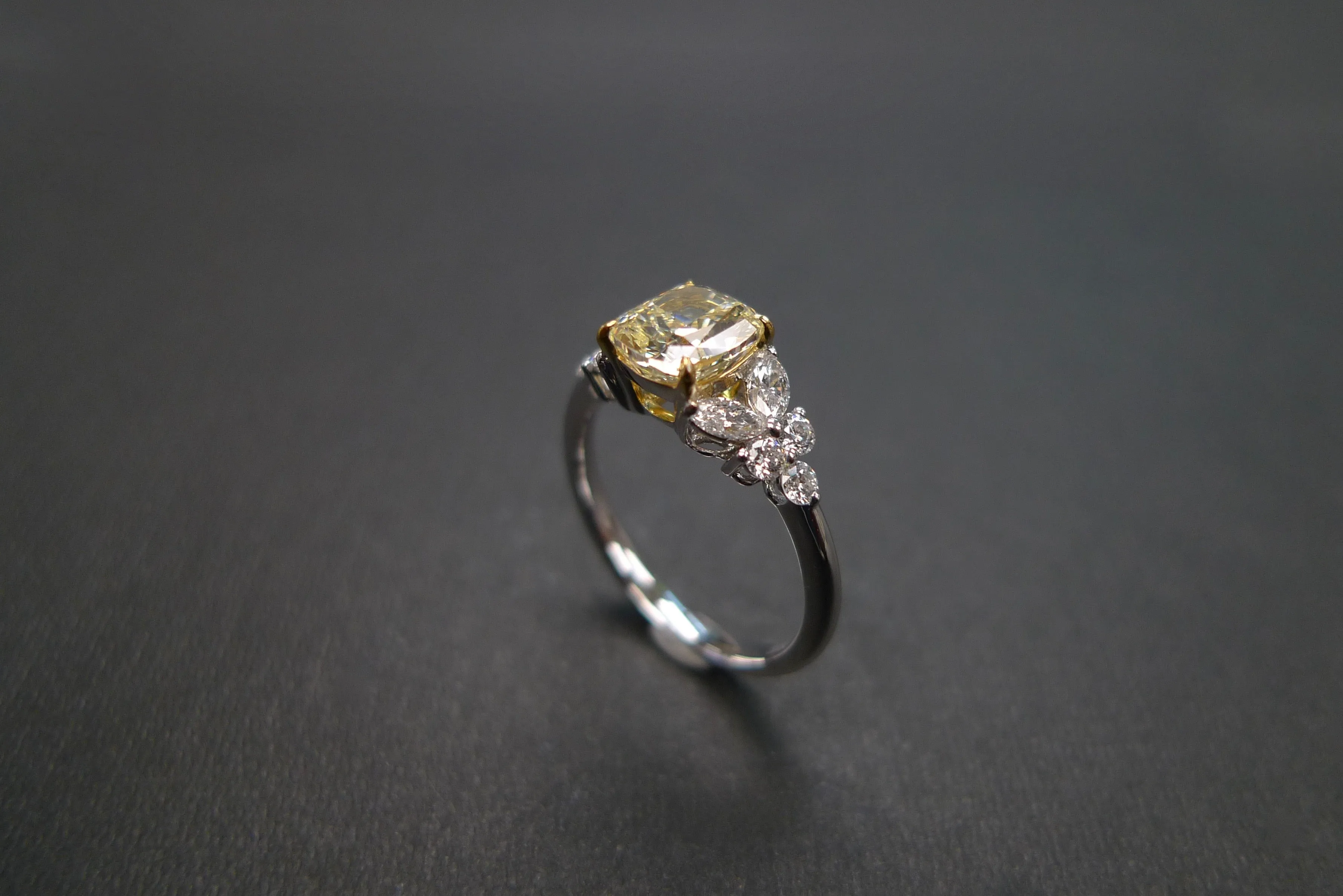 Certified Cushion Cut Light Yellow Diamond Ring in White Gold