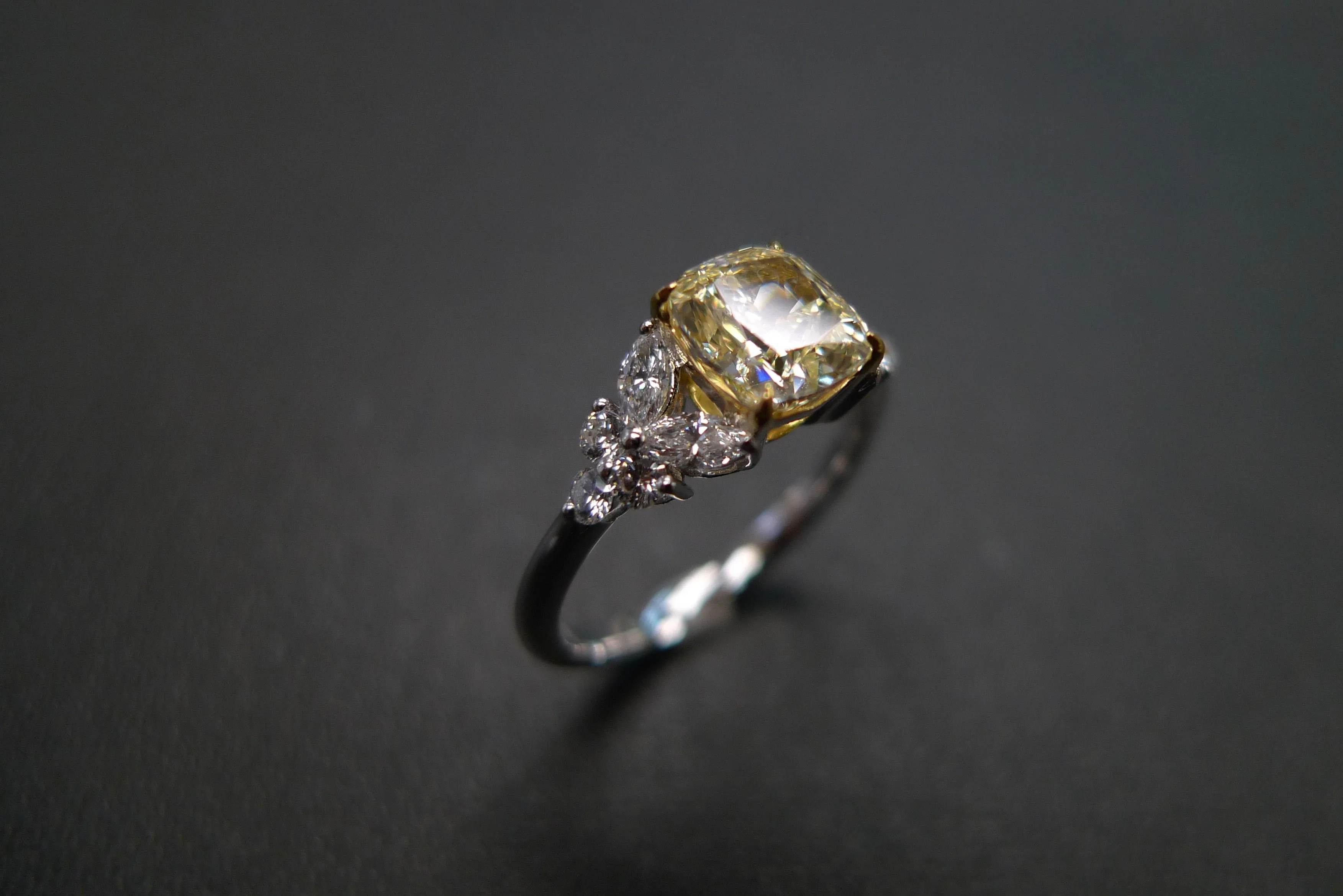 Certified Cushion Cut Light Yellow Diamond Ring in White Gold