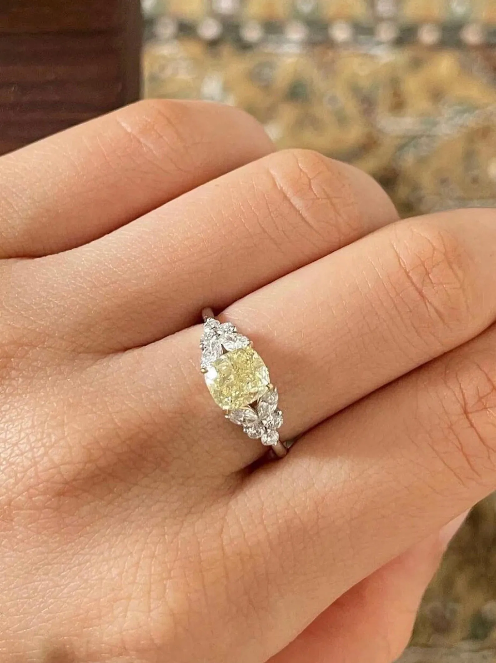 Certified Cushion Cut Light Yellow Diamond Ring in White Gold