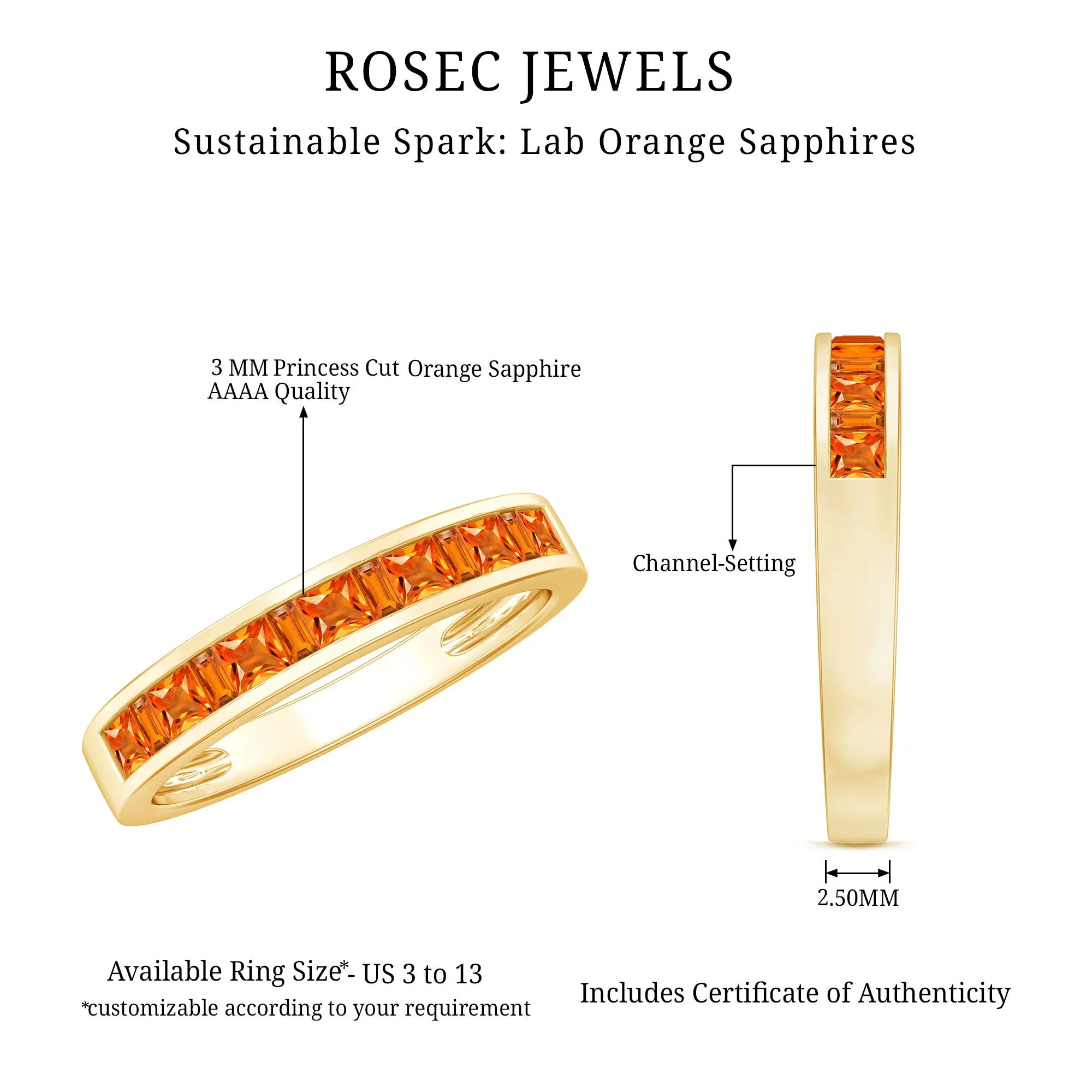 Channel Set Princess Cut Lab Grown Orange Sapphire Half Eternity Band Ring