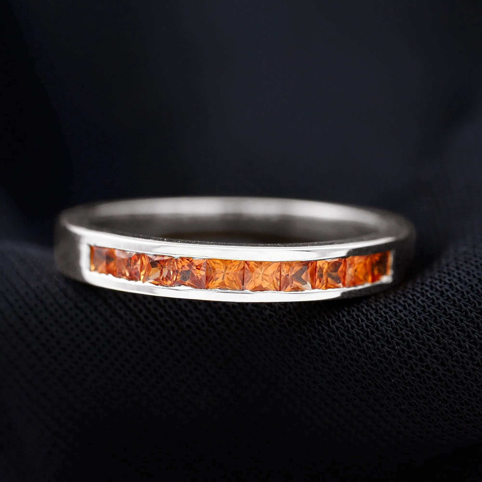 Channel Set Princess Cut Lab Grown Orange Sapphire Half Eternity Band Ring