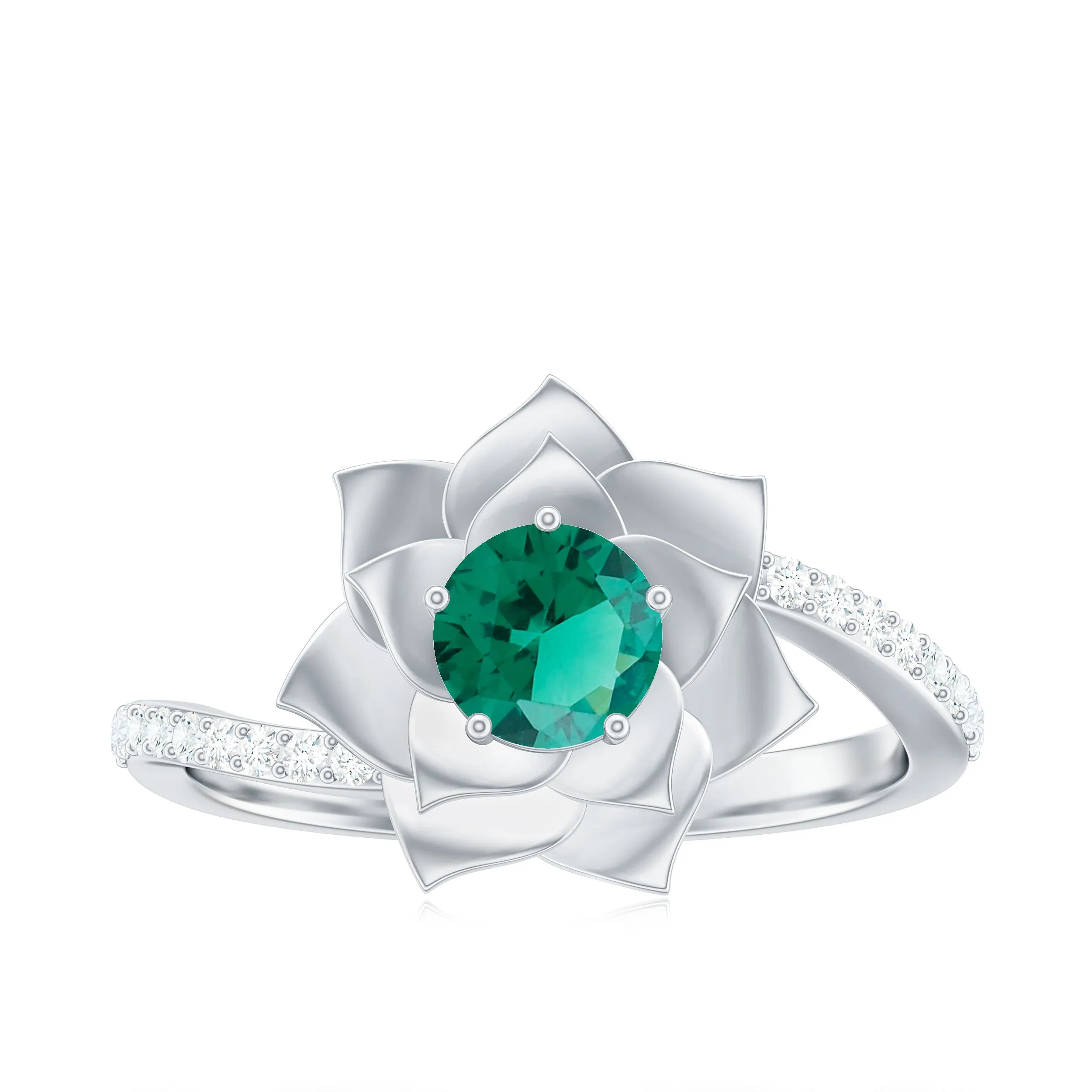 Created Emerald and Diamond Flower Engagement Ring with Bypass Shank