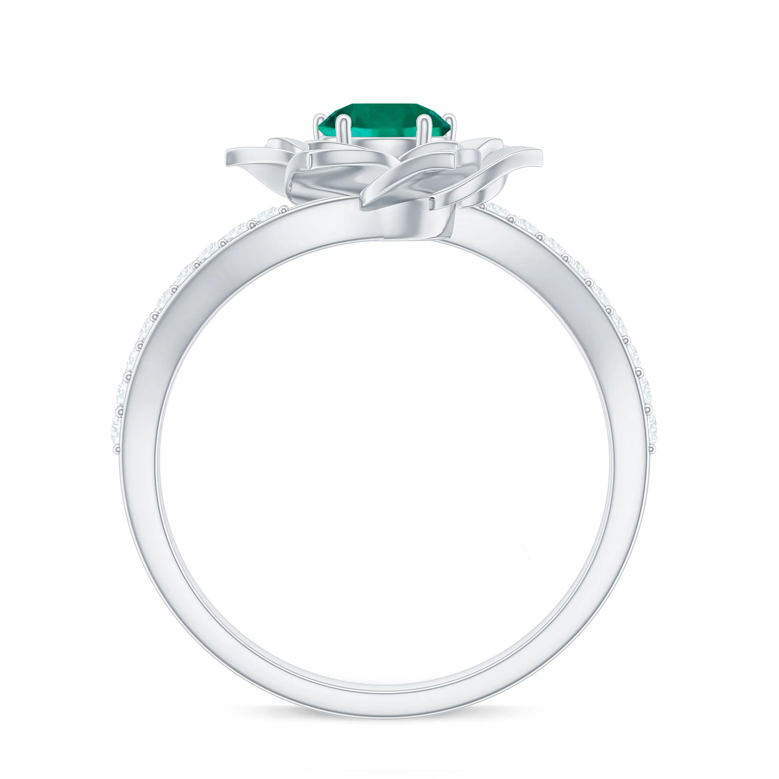 Created Emerald and Diamond Flower Engagement Ring with Bypass Shank