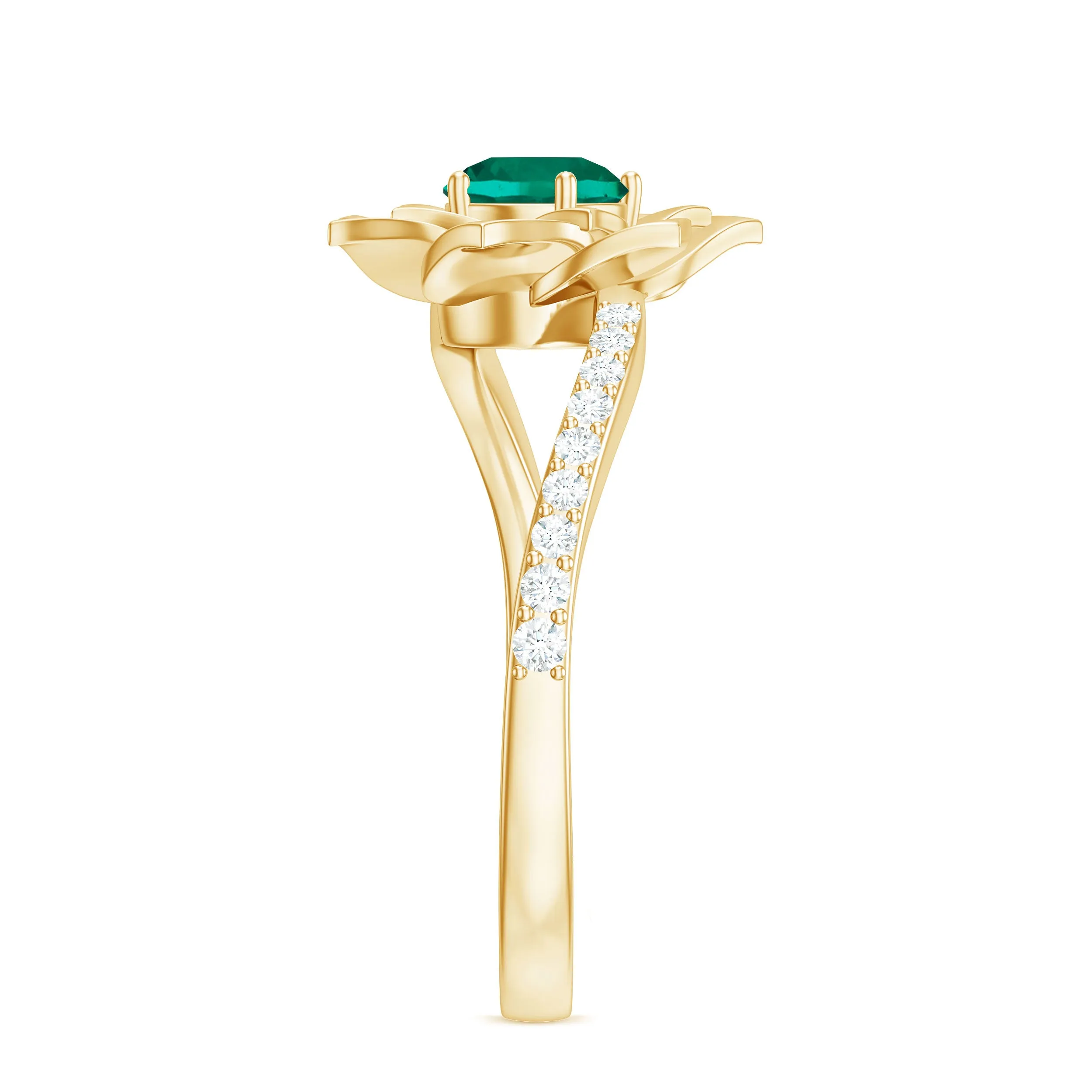 Created Emerald and Diamond Flower Engagement Ring with Bypass Shank