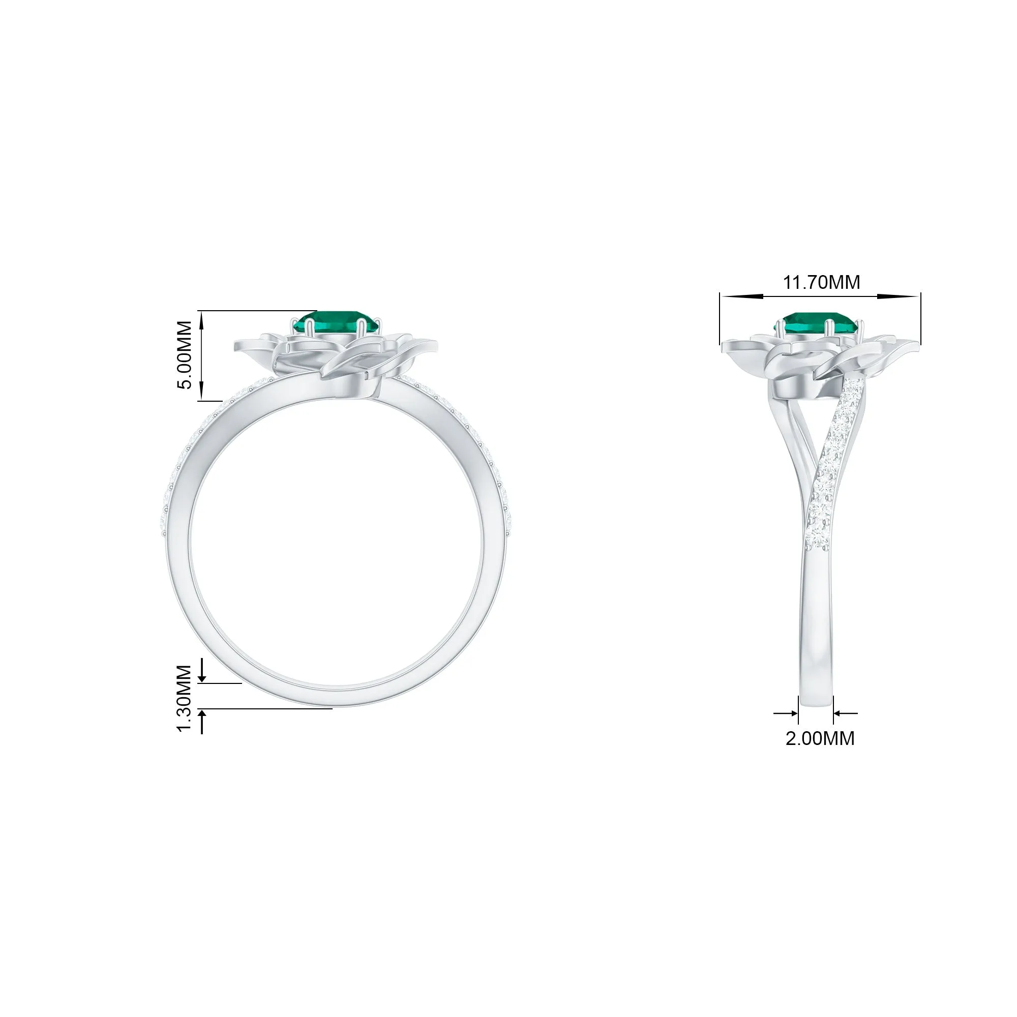 Created Emerald and Diamond Flower Engagement Ring with Bypass Shank