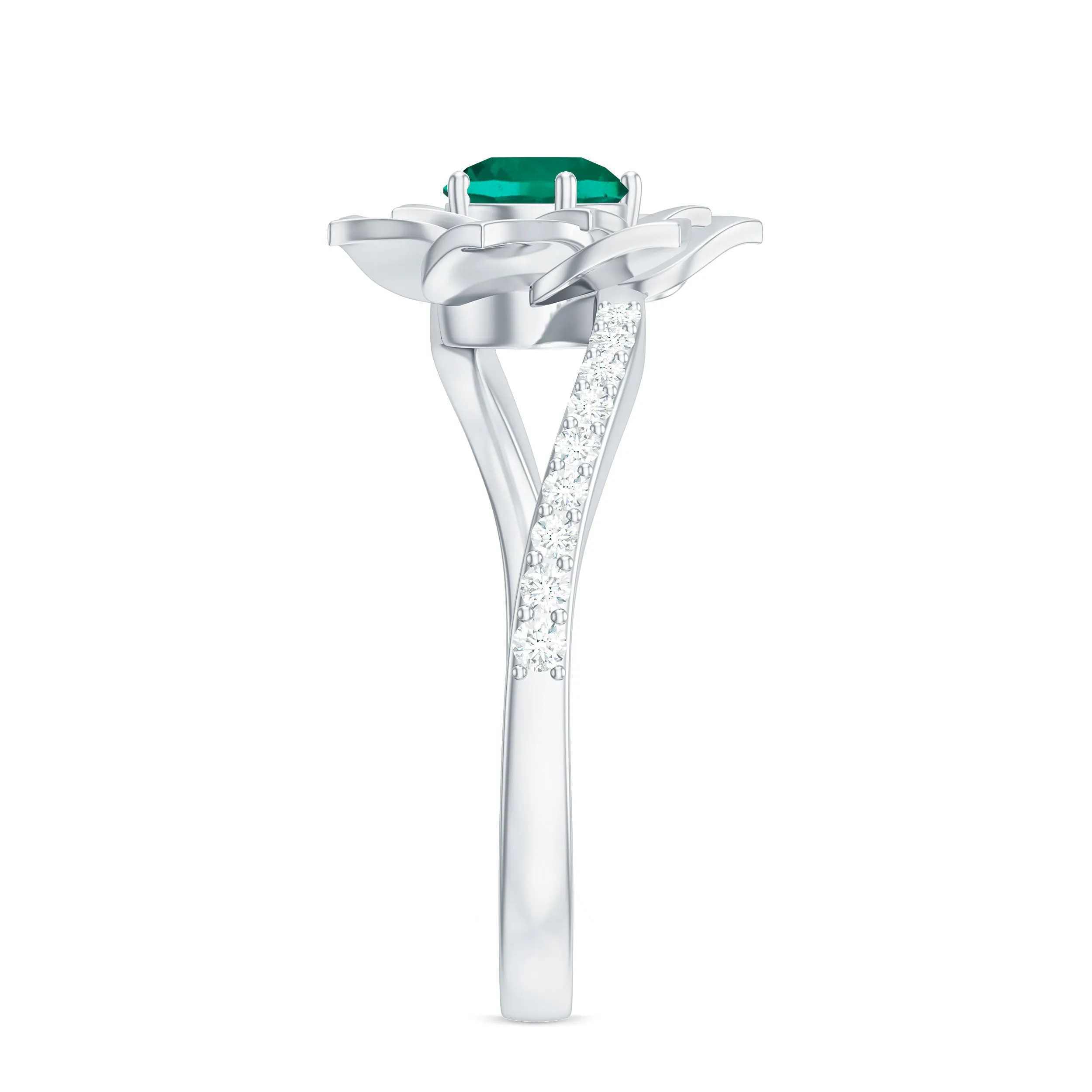 Created Emerald and Diamond Flower Engagement Ring with Bypass Shank