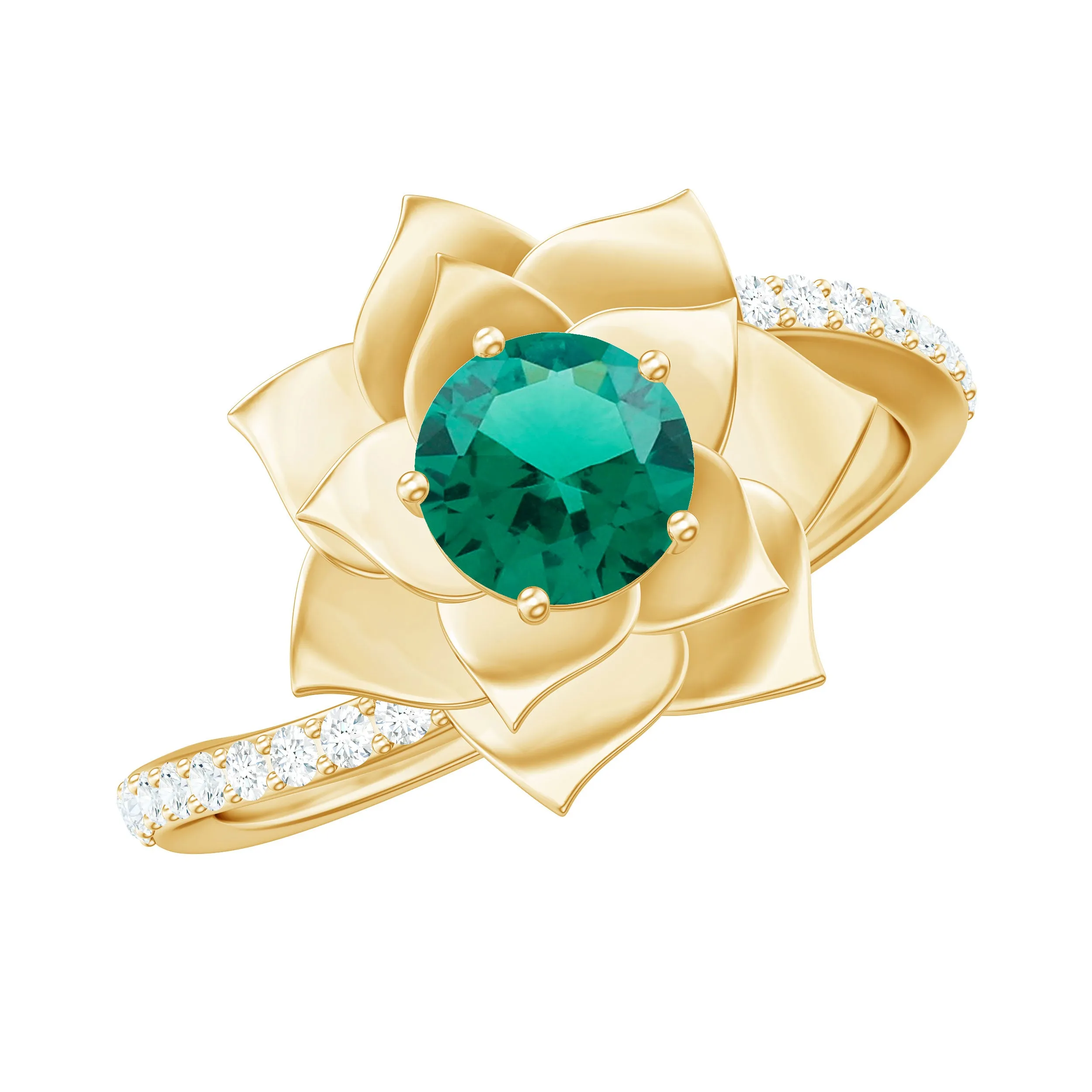 Created Emerald and Diamond Flower Engagement Ring with Bypass Shank