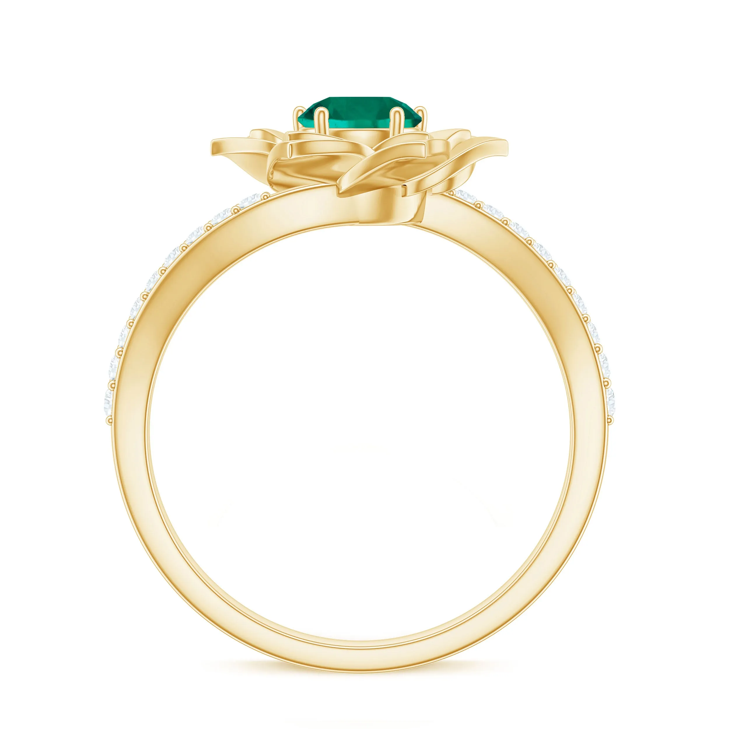 Created Emerald and Diamond Flower Engagement Ring with Bypass Shank