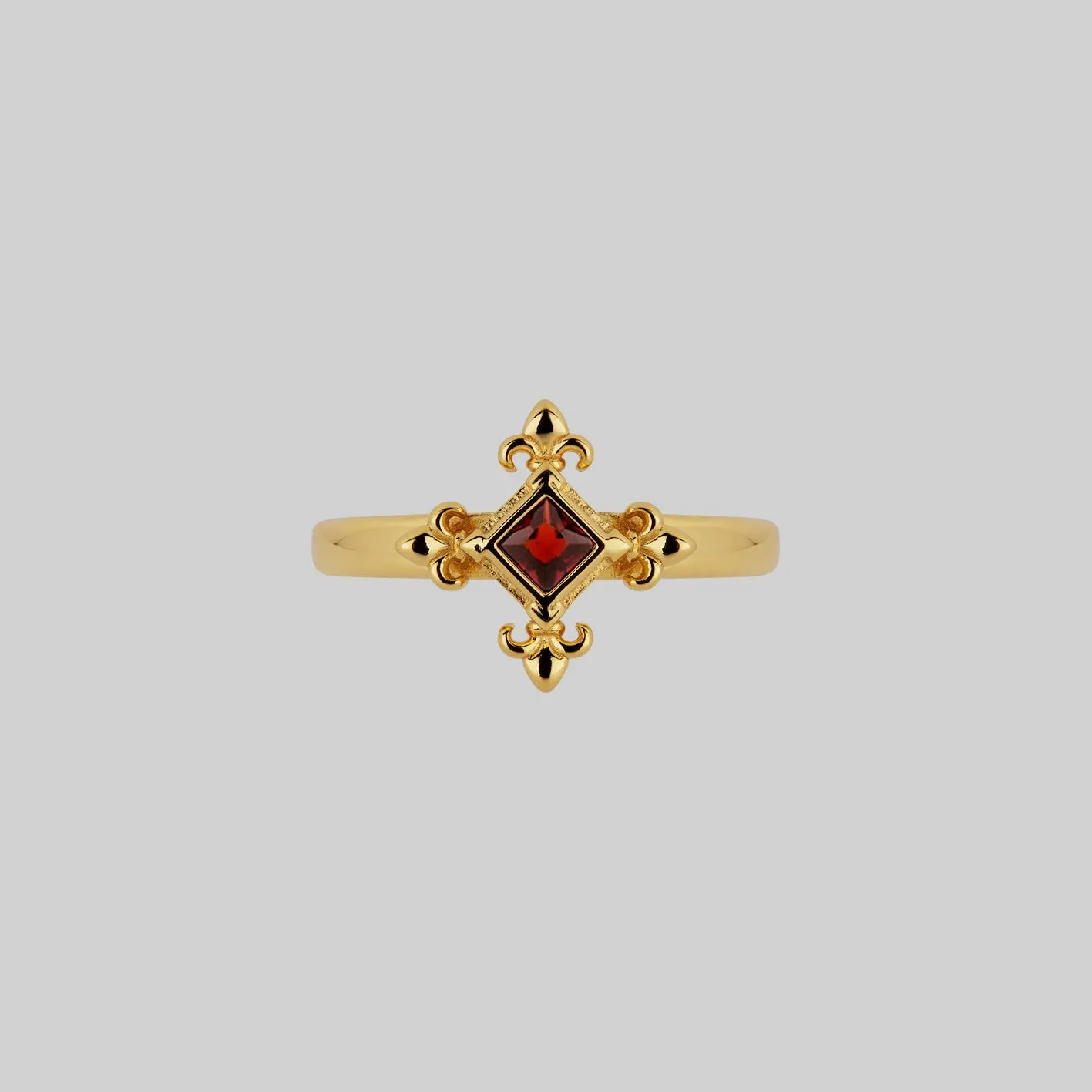 CRIMSON. Medieval Fleur de Lis Garnet Ring - Gold