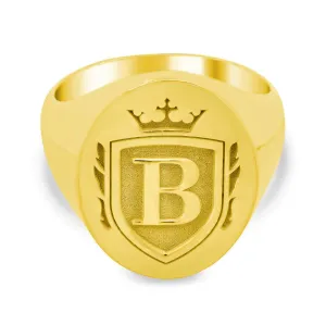 Crown Crest Single Initial Men's Oval Signet Ring