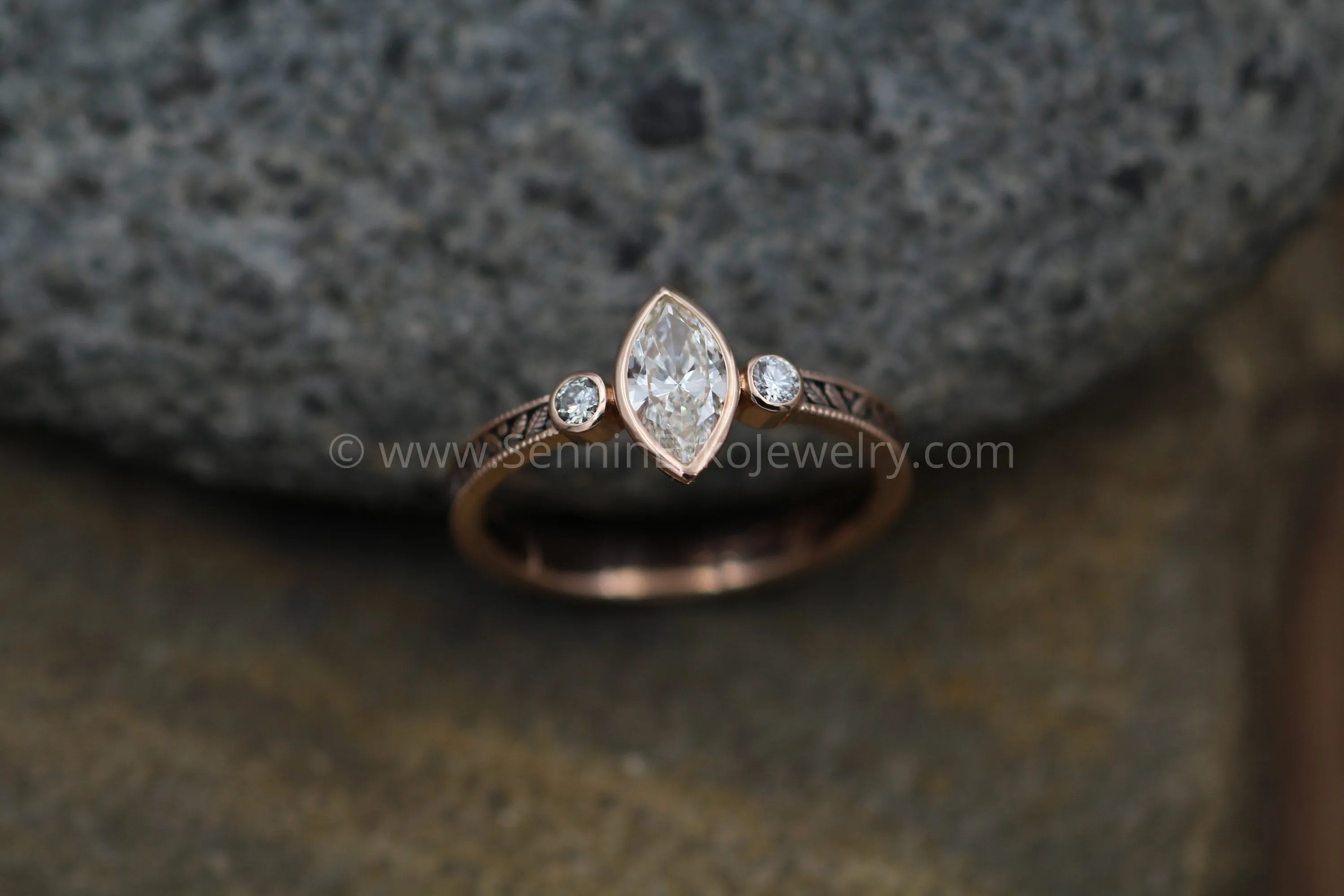 Diamond Rose Gold Hand Made Vintage Engagement Ring - Marquise Ring - Leaf