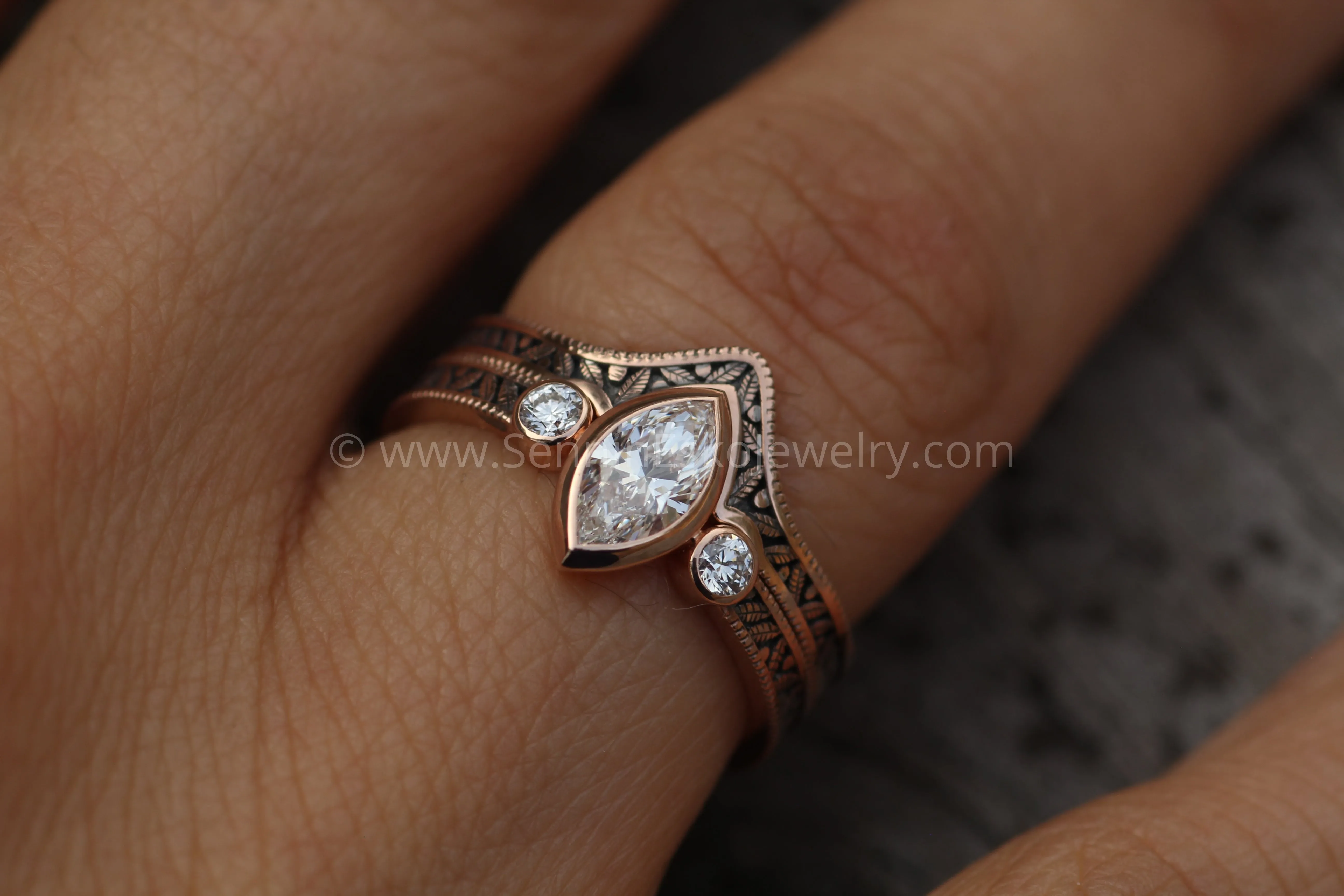 Diamond Rose Gold Hand Made Vintage Engagement Ring - Marquise Ring - Leaf