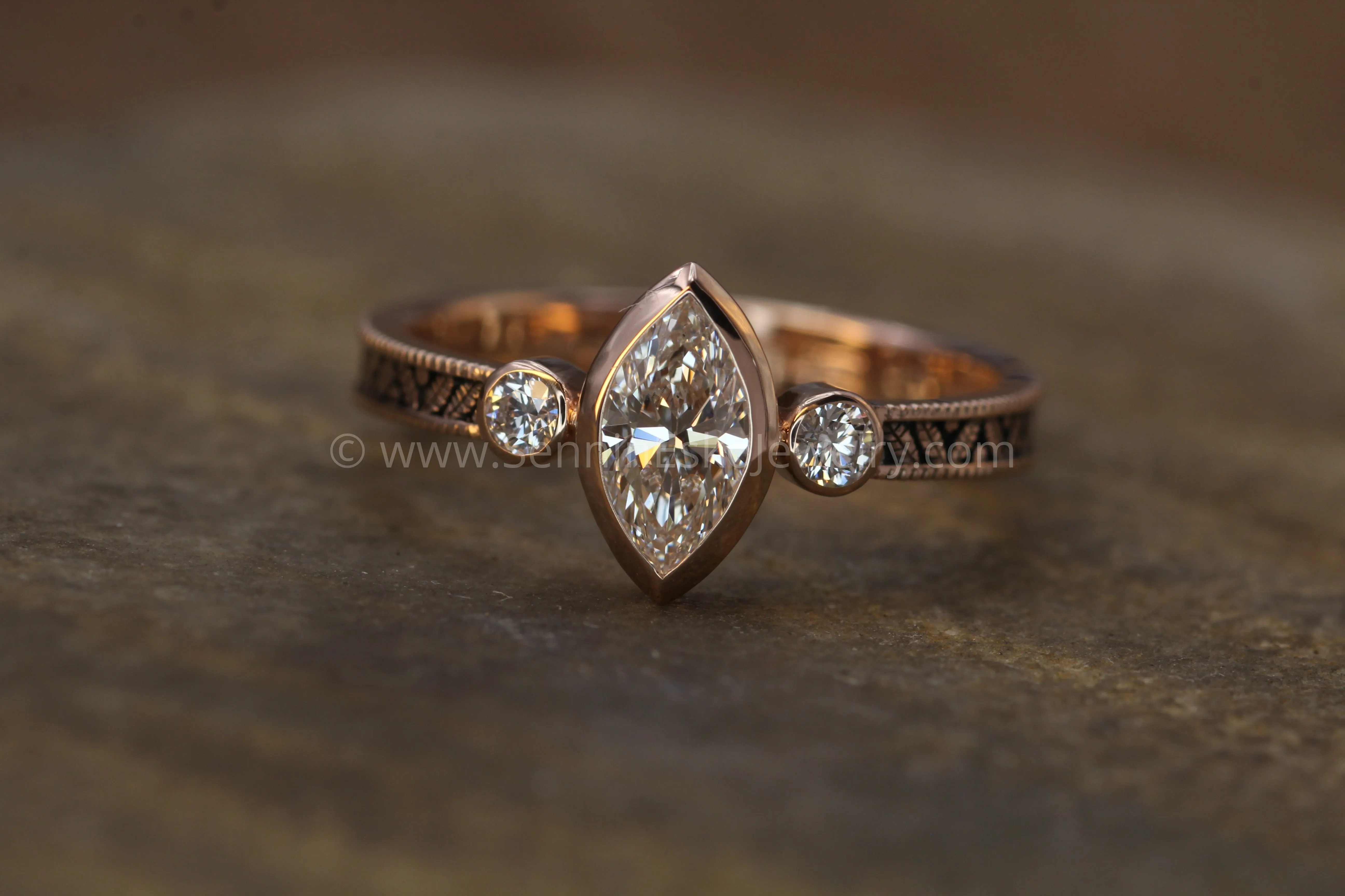 Diamond Rose Gold Hand Made Vintage Engagement Ring - Marquise Ring - Leaf