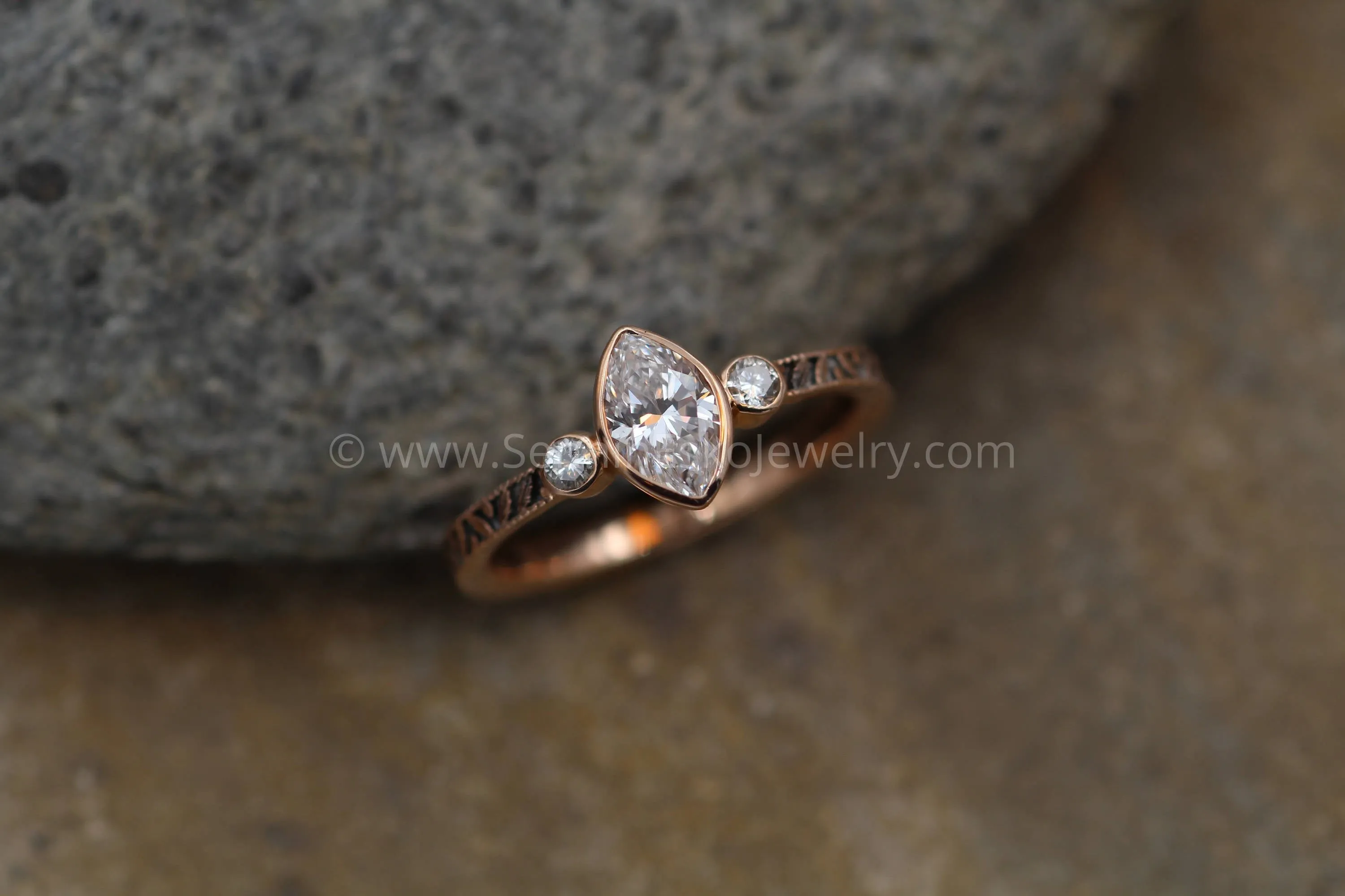 Diamond Rose Gold Hand Made Vintage Engagement Ring - Marquise Ring - Leaf