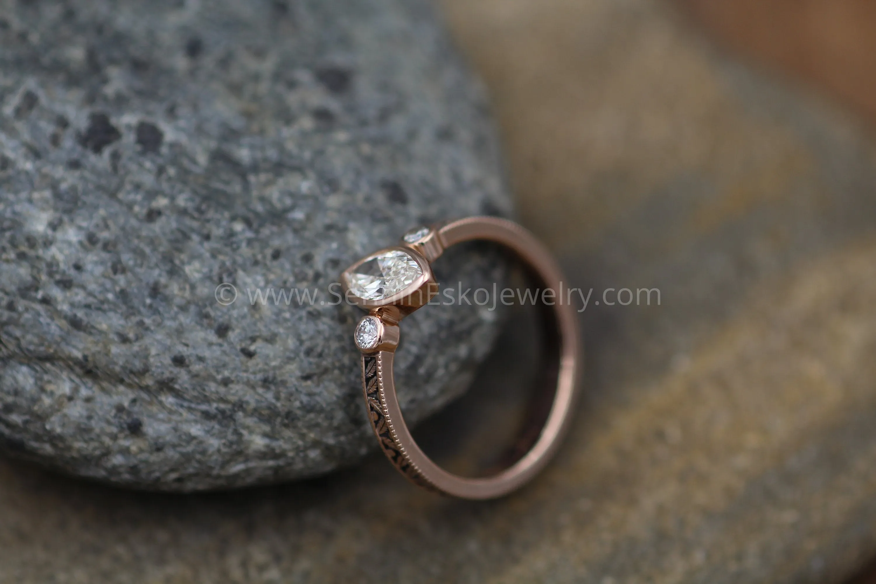 Diamond Rose Gold Hand Made Vintage Engagement Ring - Marquise Ring - Leaf