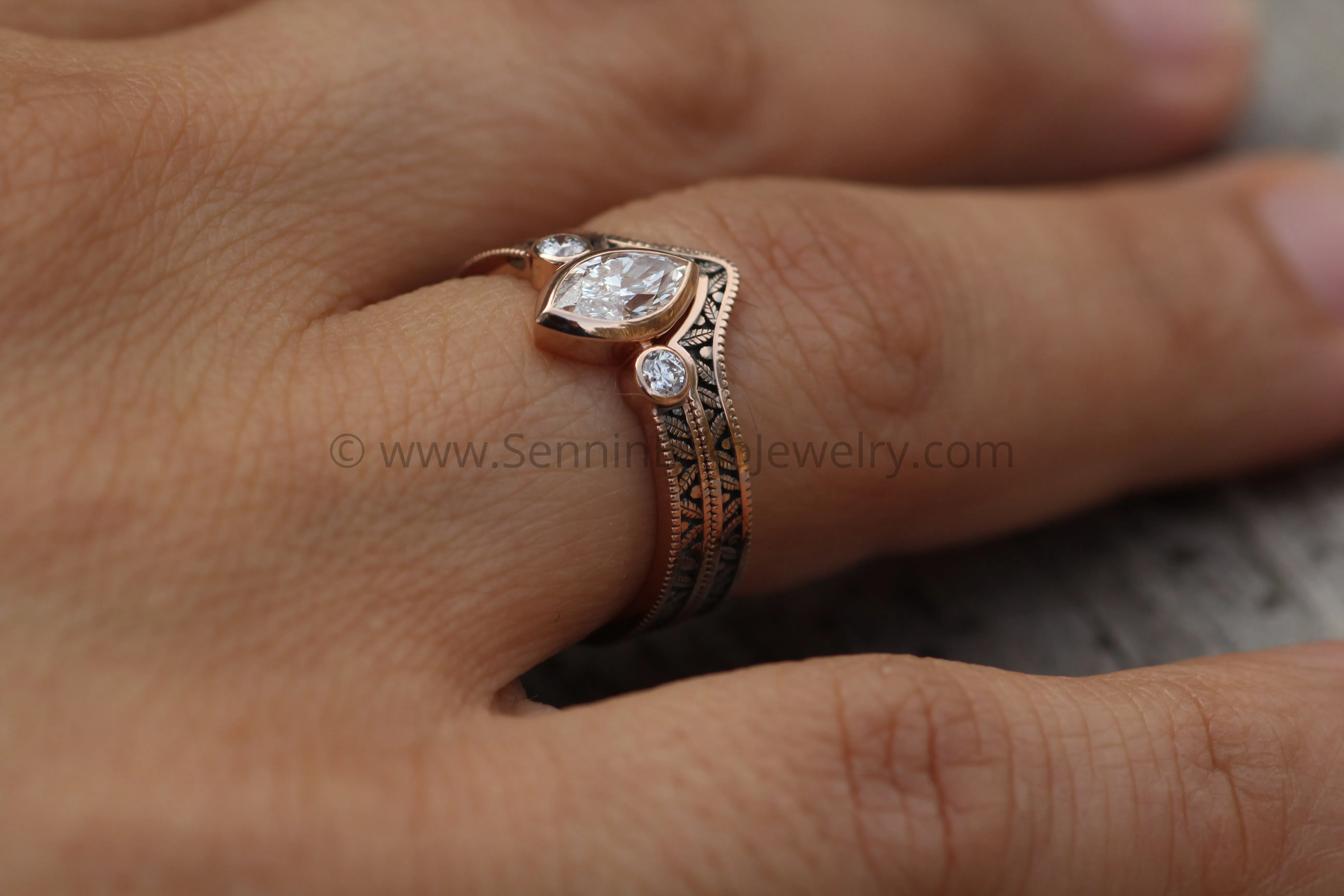 Diamond Rose Gold Hand Made Vintage Engagement Ring - Marquise Ring - Leaf