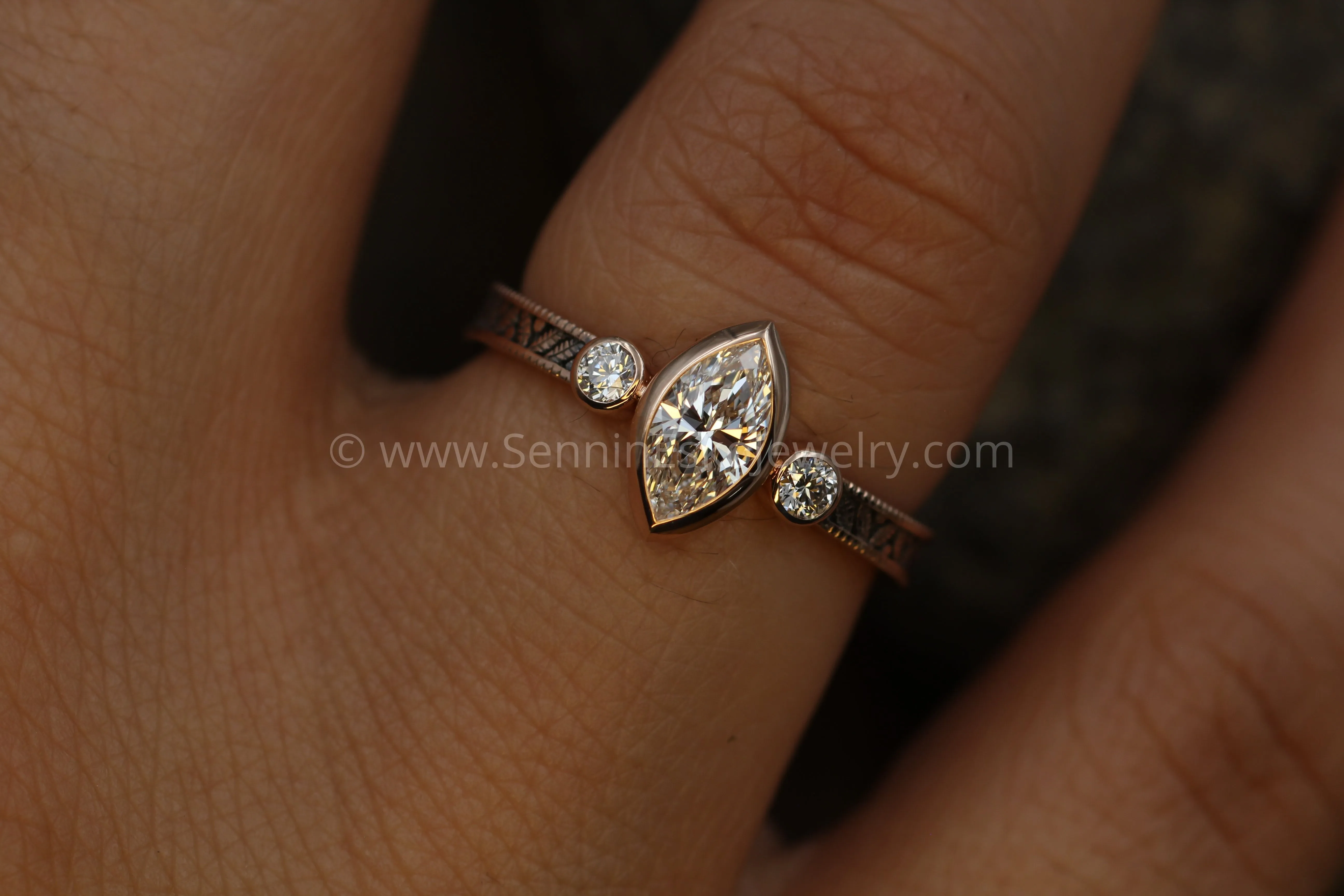 Diamond Rose Gold Hand Made Vintage Engagement Ring - Marquise Ring - Leaf