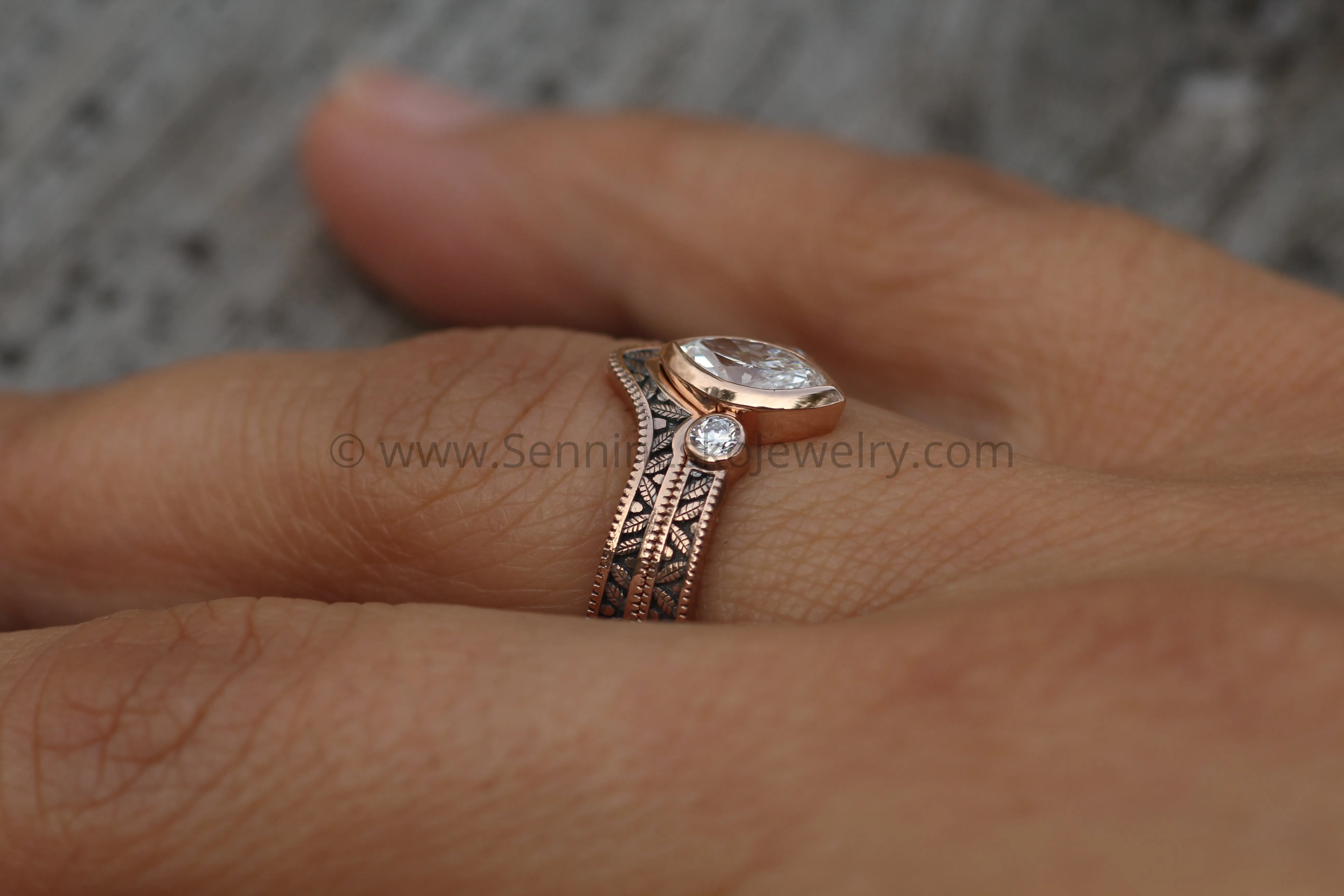 Diamond Rose Gold Hand Made Vintage Engagement Ring - Marquise Ring - Leaf