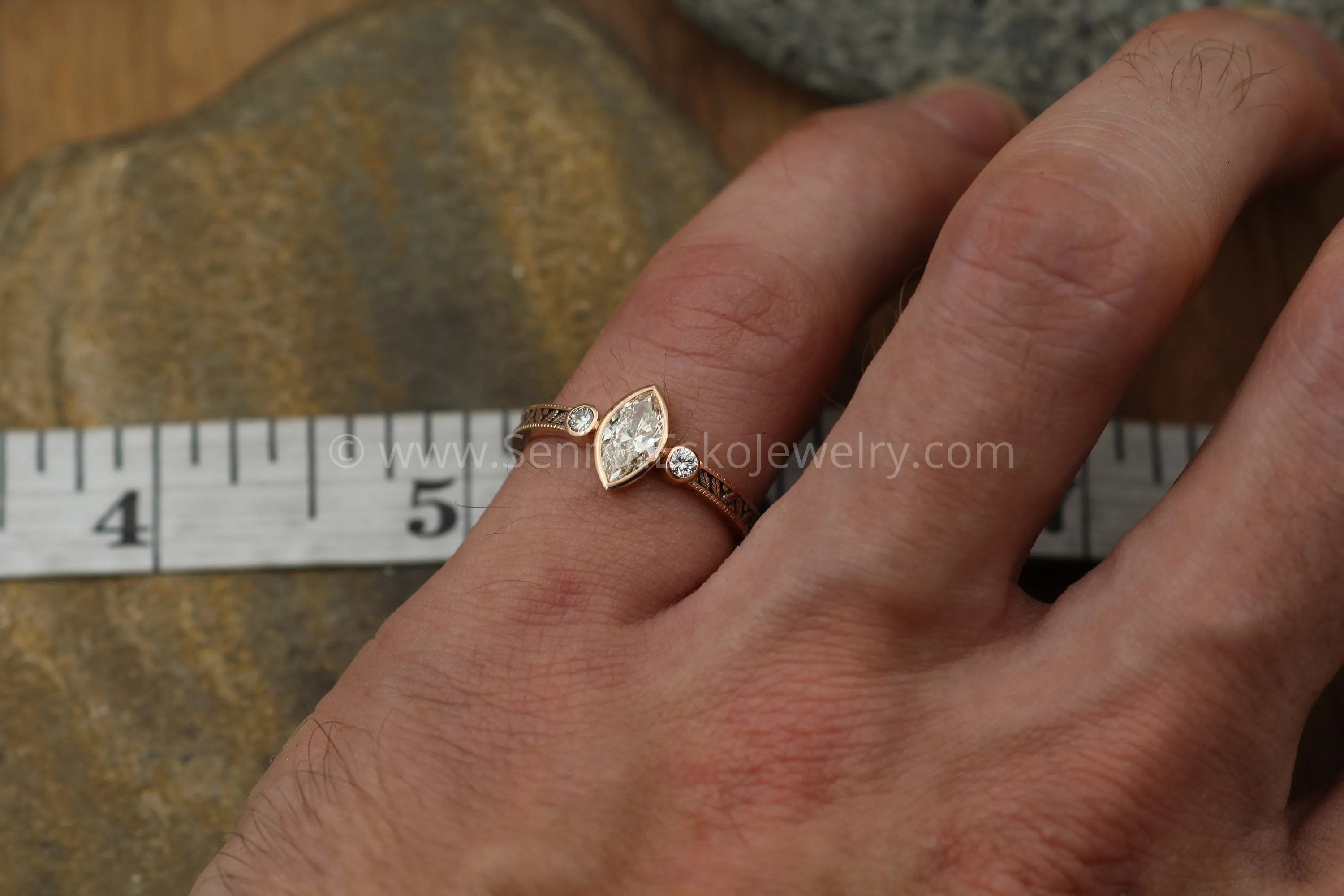 Diamond Rose Gold Hand Made Vintage Engagement Ring - Marquise Ring - Leaf