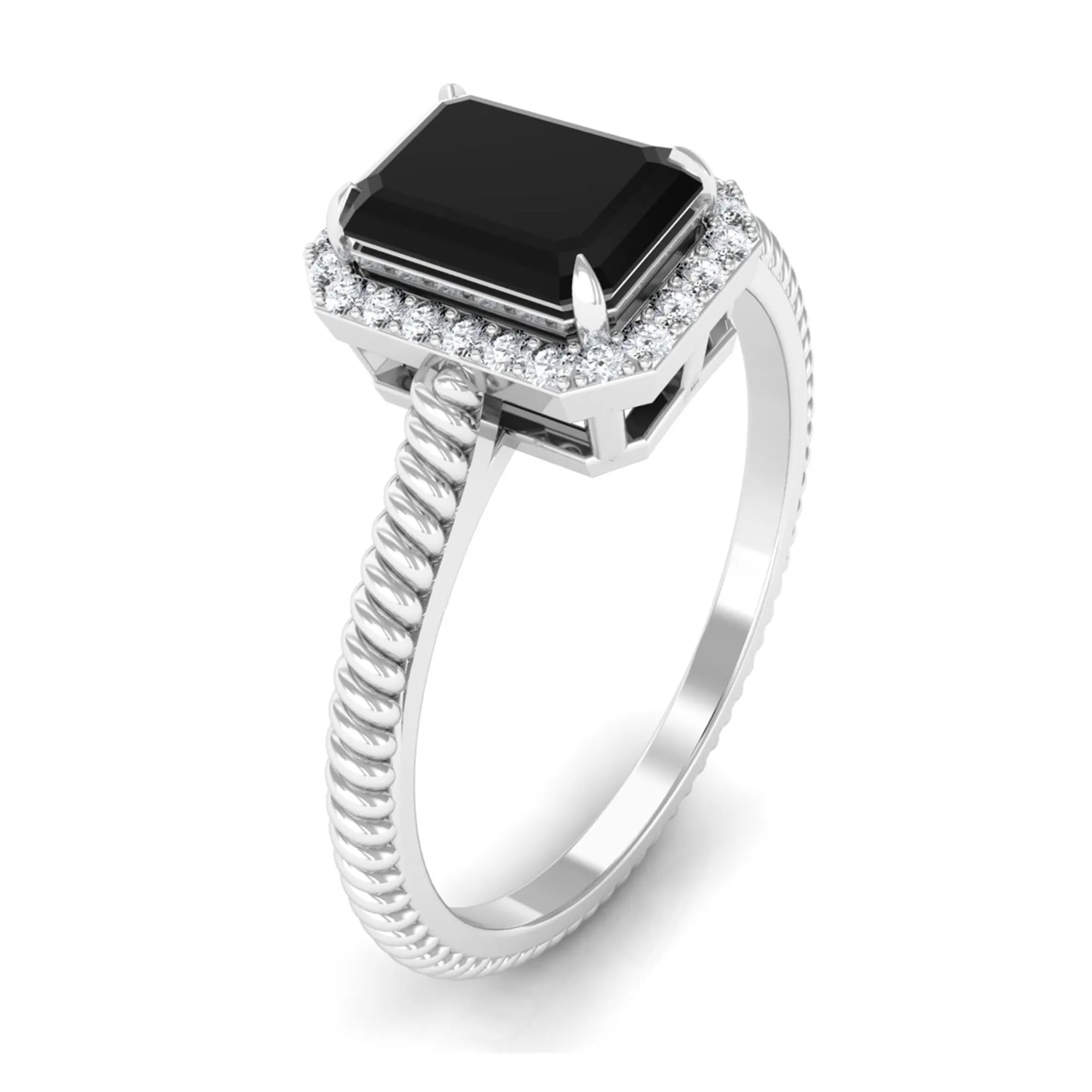 Emerald Cut Black Spinel and Diamond Halo Ring with Twisted Rope