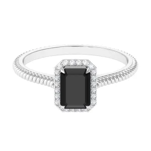 Emerald Cut Black Spinel and Diamond Halo Ring with Twisted Rope