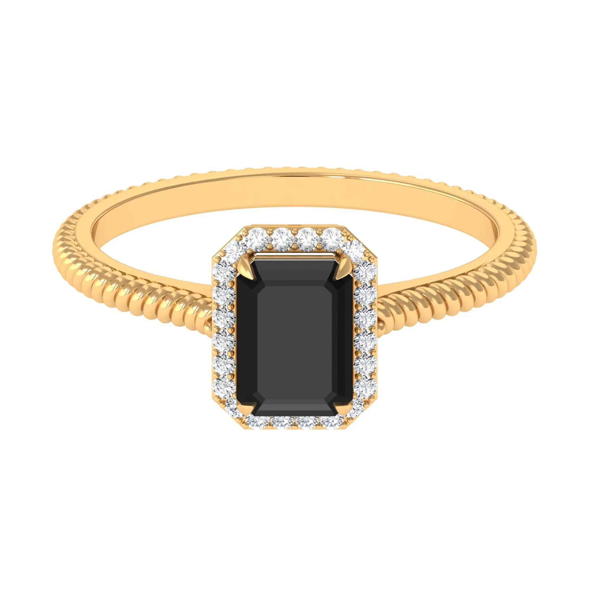 Emerald Cut Black Spinel and Diamond Halo Ring with Twisted Rope